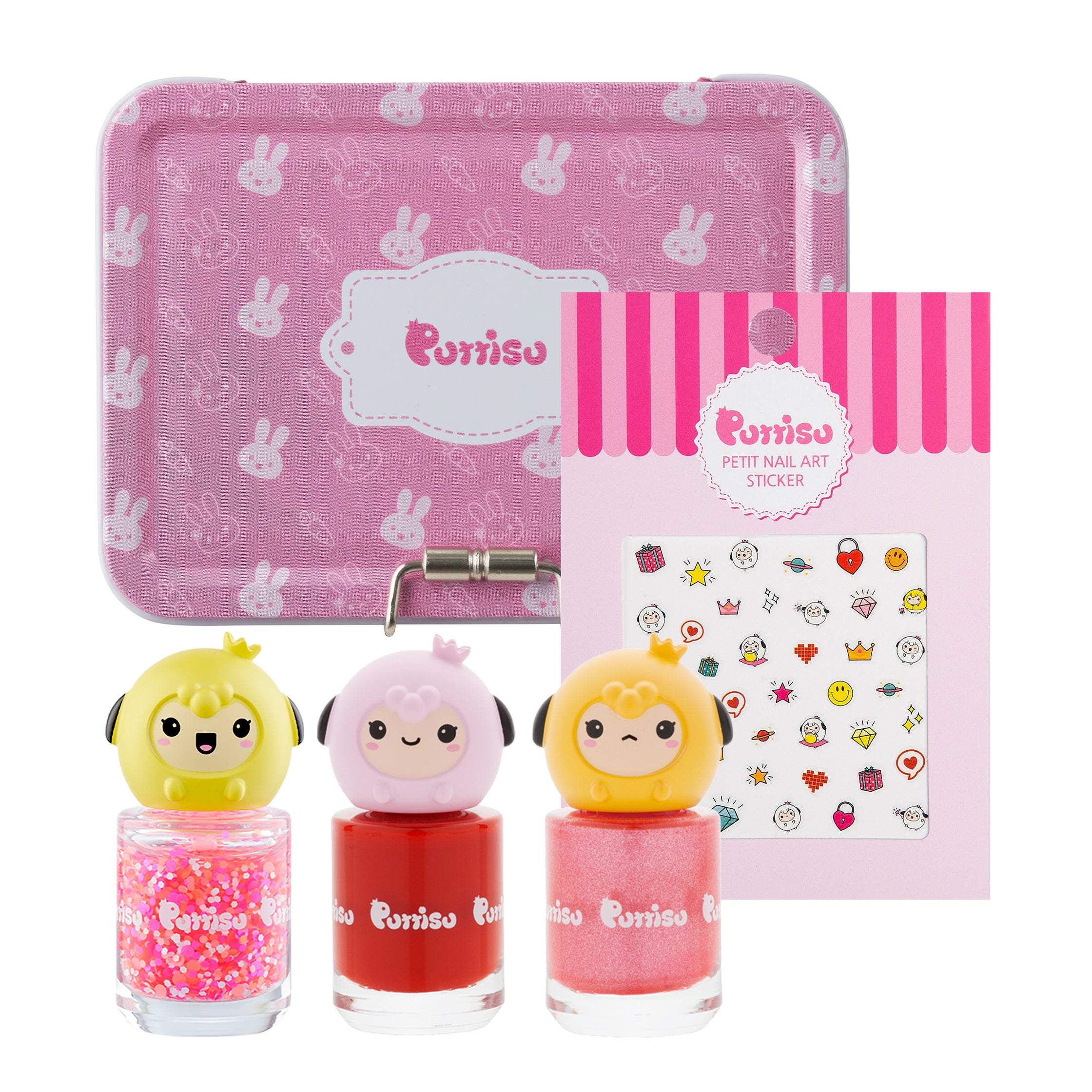 Pink bunny-themed nail polish set with three bottles of different colors, a sheet of nail art stickers, and a tin box.