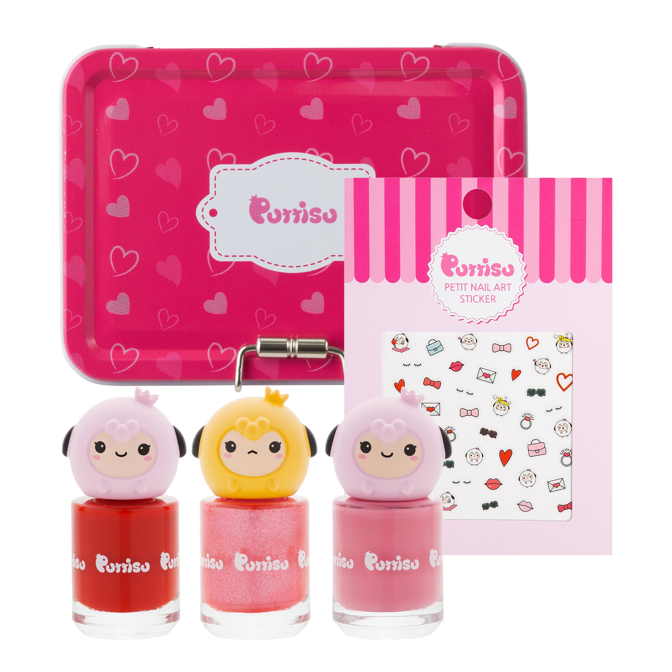 Close-up of a pink children's nail polish kit with three bottles of nail polish and a sheet of nail stickers.