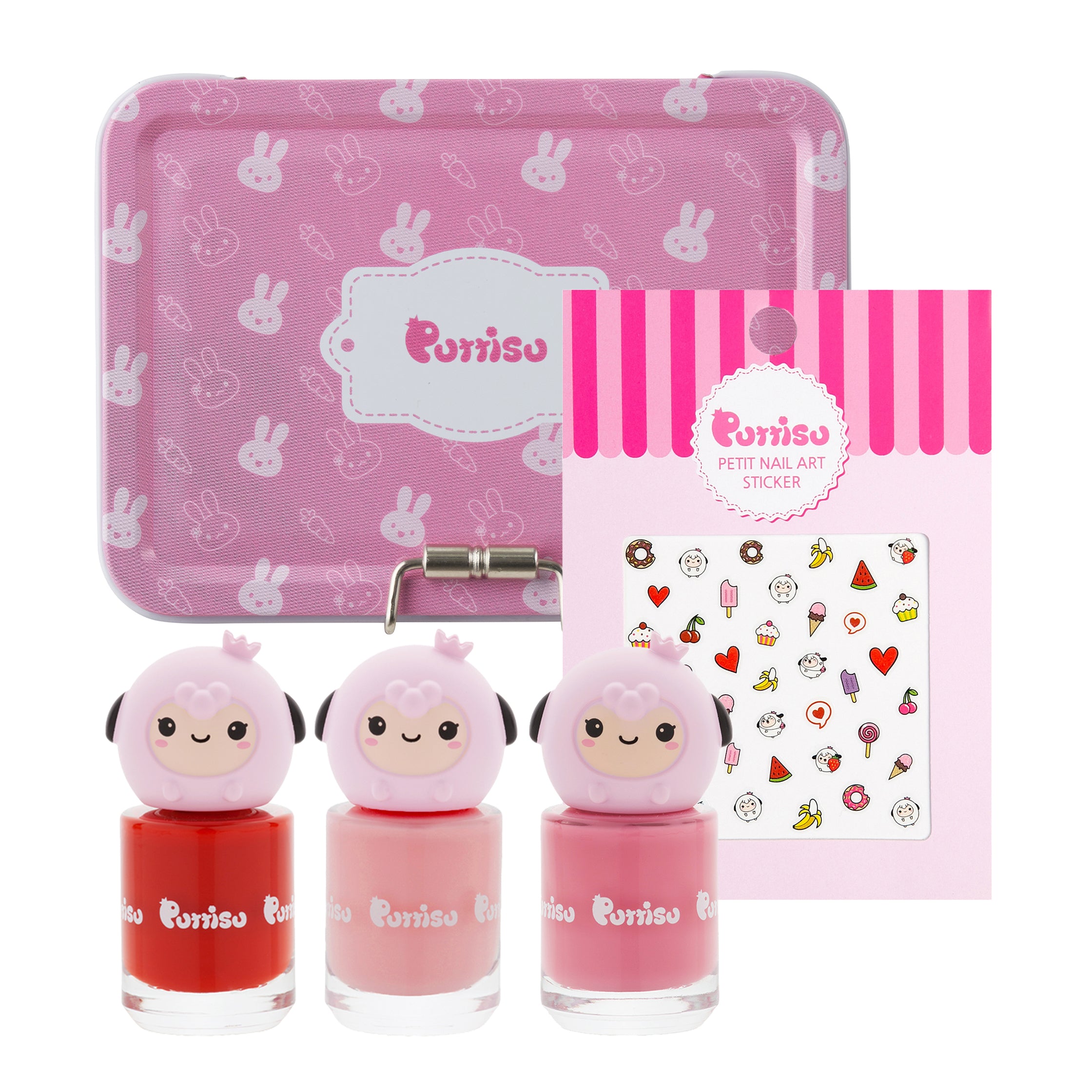Pink nail polish set with bunny-themed case and stickers.