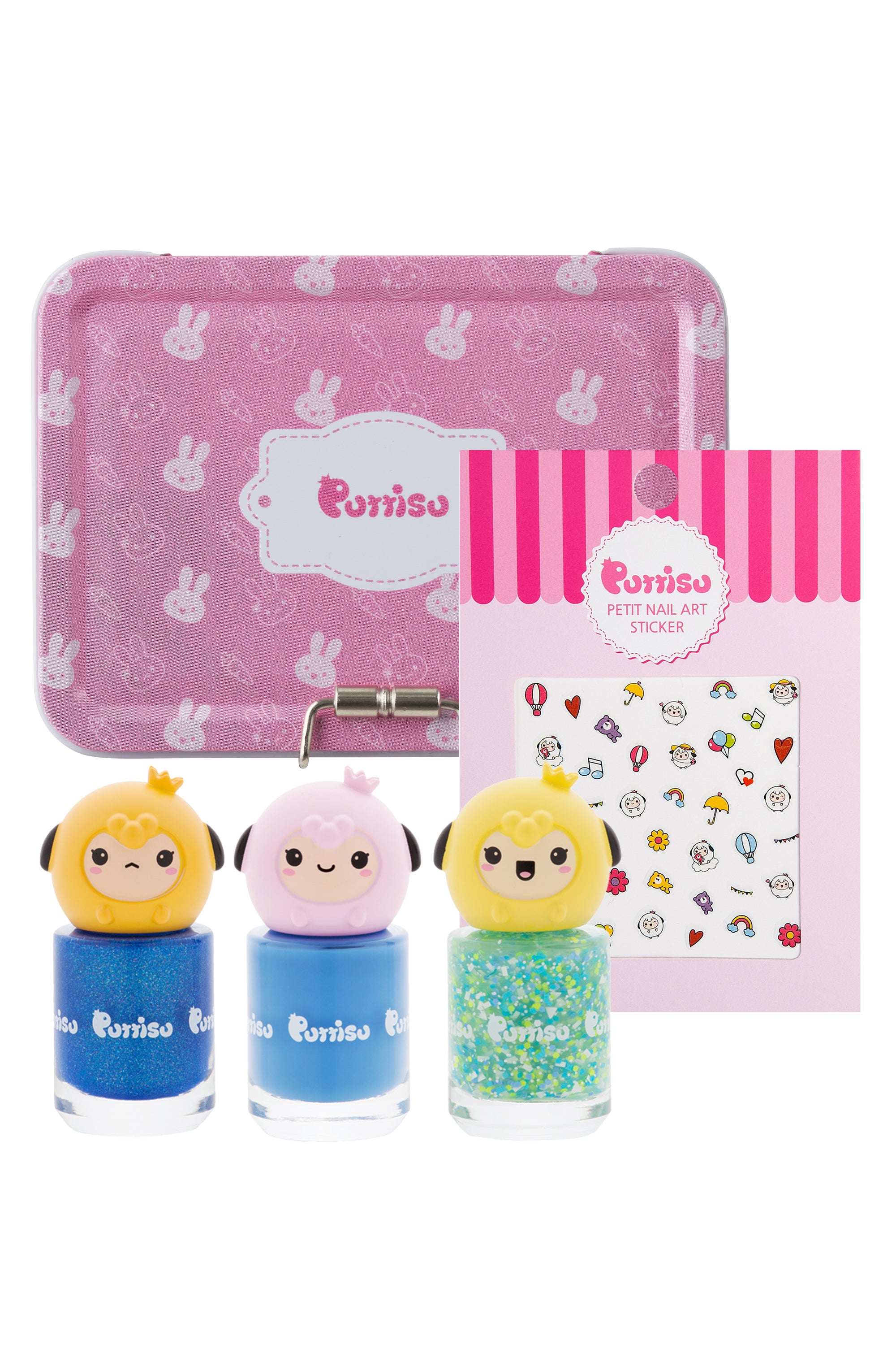 A pink nail polish kit with three bottles of nail polish featuring cartoon sheep-shaped caps, a sticker sheet, and a carrying case.