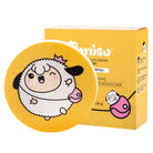 Yellow Purito sun cushion compact and box with a cartoon sheep and SPF 50+ rating.