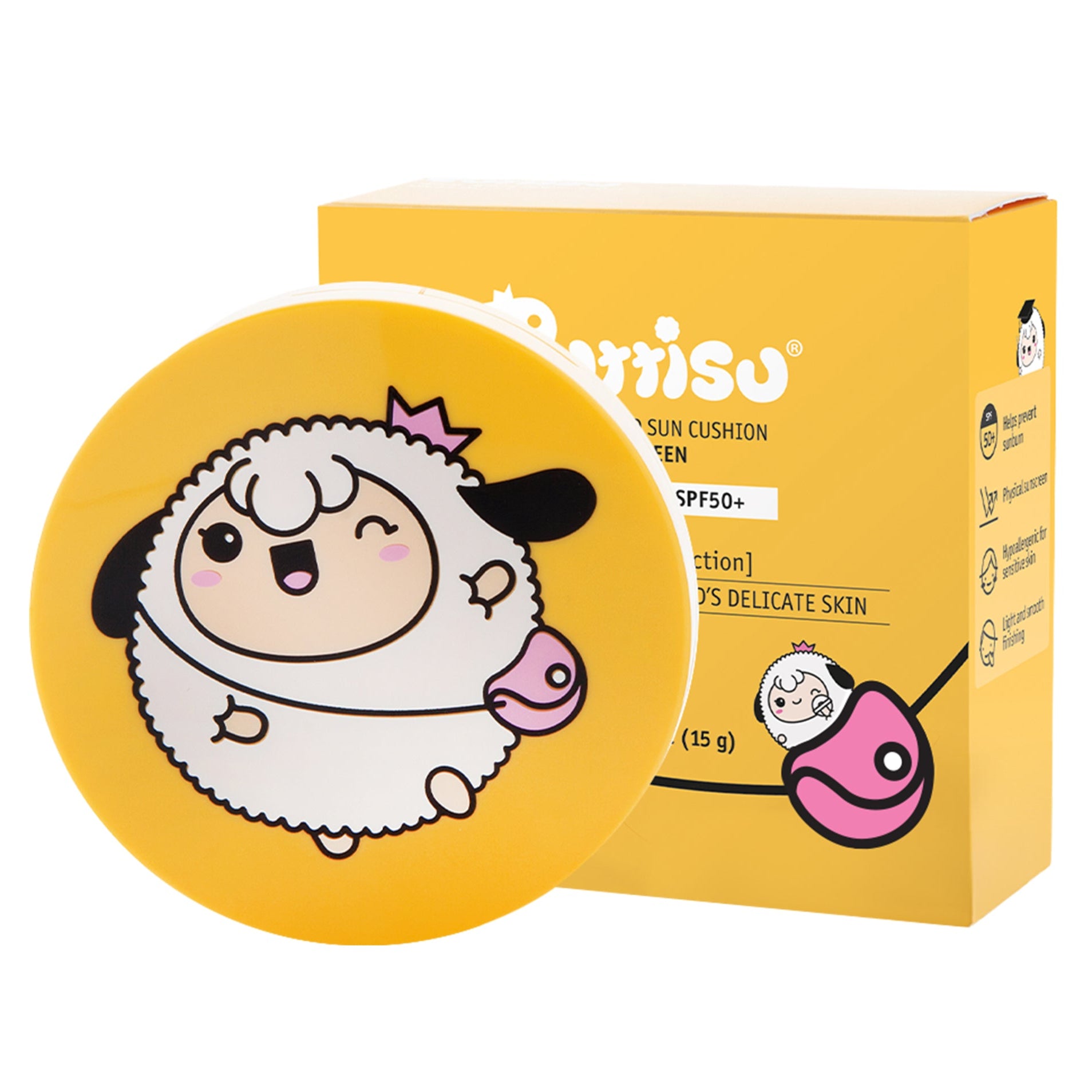 Yellow Purito sun cushion compact and box with a cartoon sheep and SPF 50+ rating.