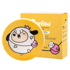 Yellow round sun cushion and matching box with a cartoon sheep on the front.