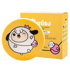 A yellow container of Purito Sun Cushion with a cartoon sheep mascot next to its box.