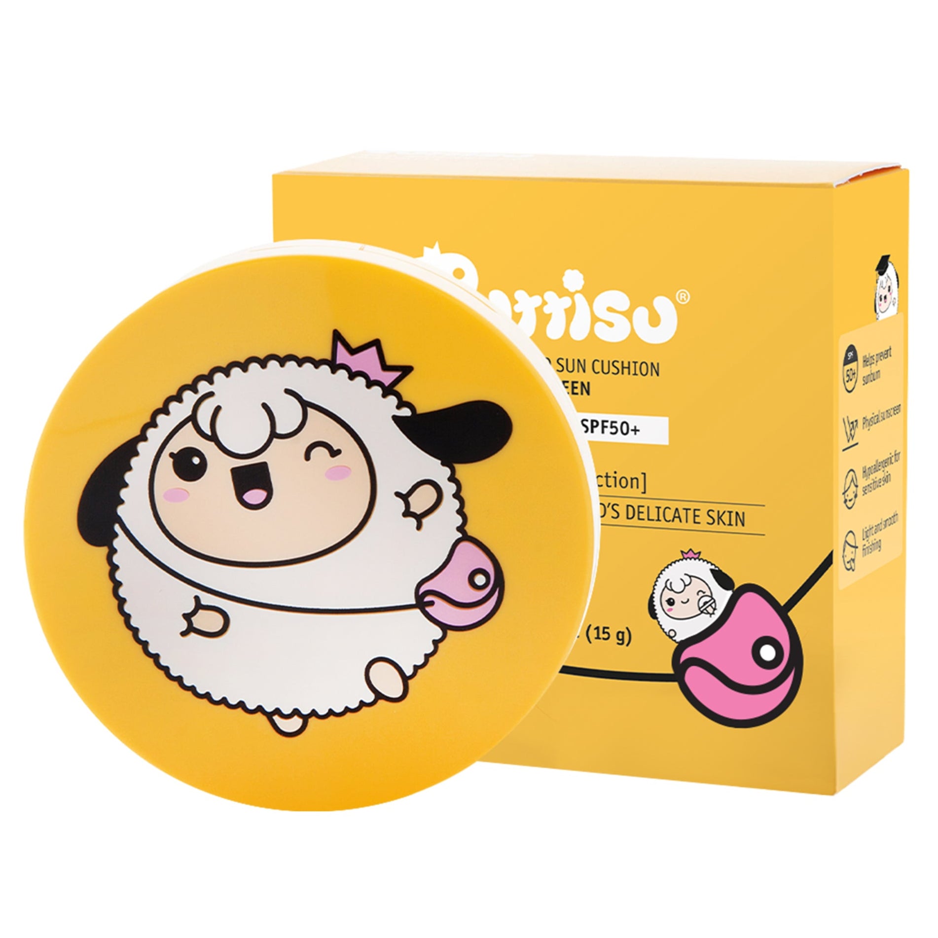 A yellow container of Purito Sun Cushion with a cartoon sheep mascot next to its box.