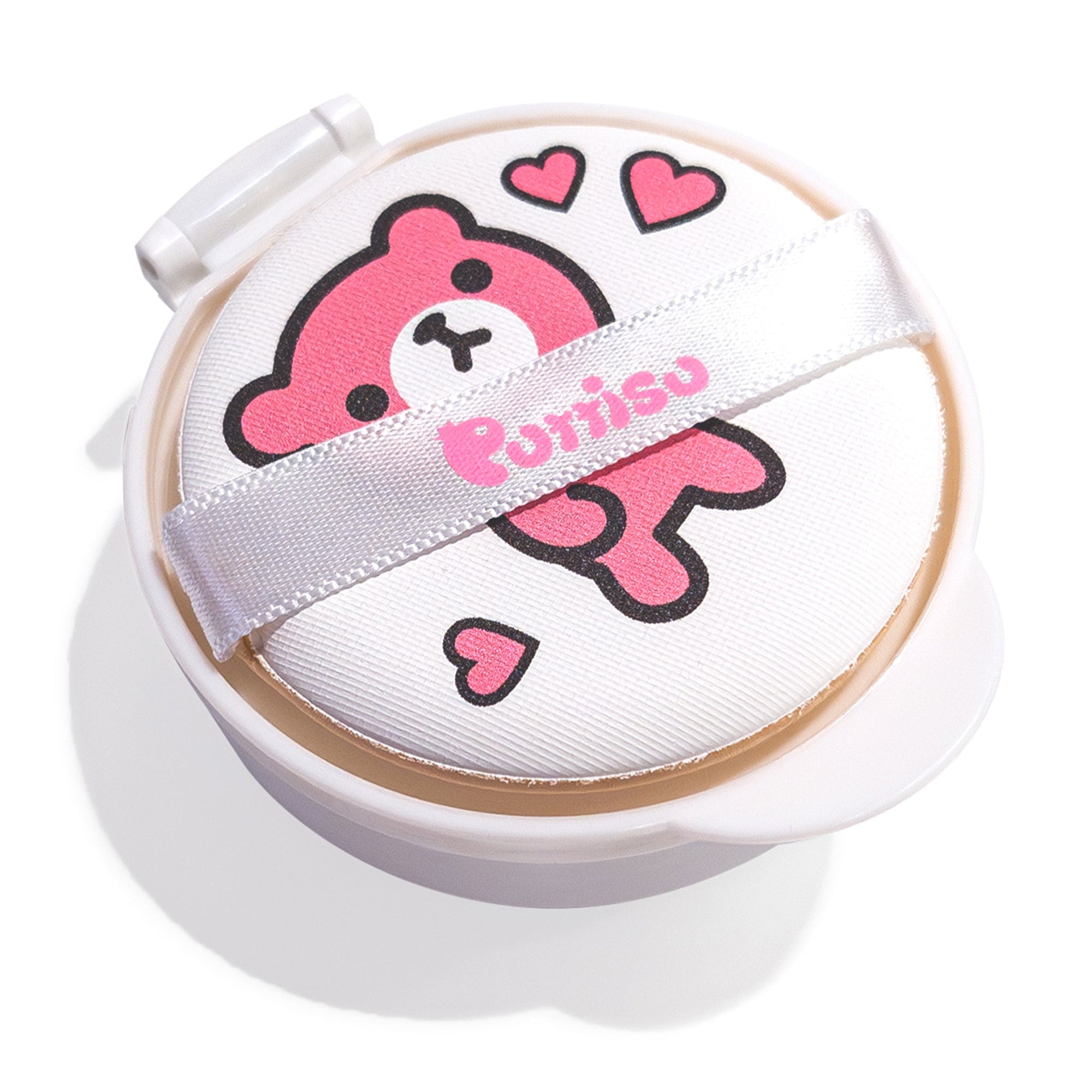 White cosmetic puff with a pink bear and heart pattern.