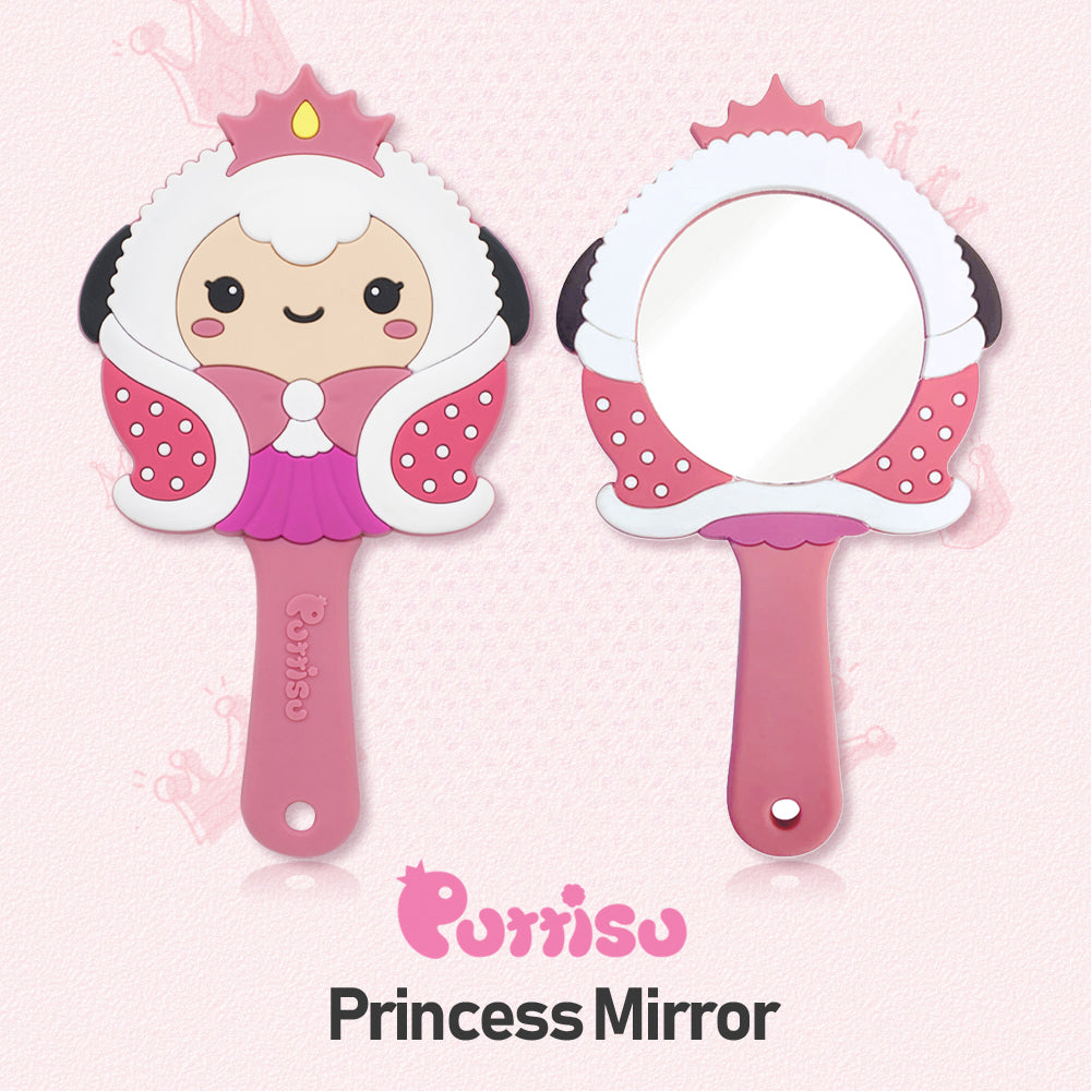 Two pink princess-themed hand mirrors. One side is decorated with a cartoon character; the other side features the mirror itself.