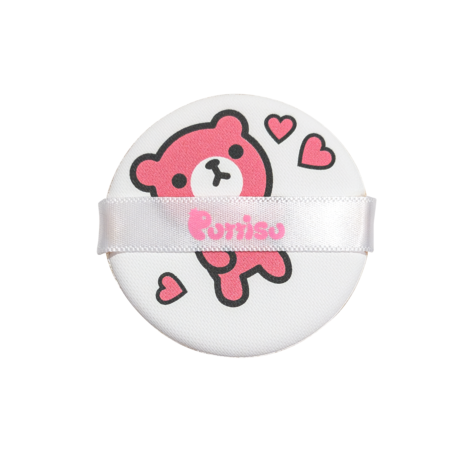 Round powder puff with pink bear design.