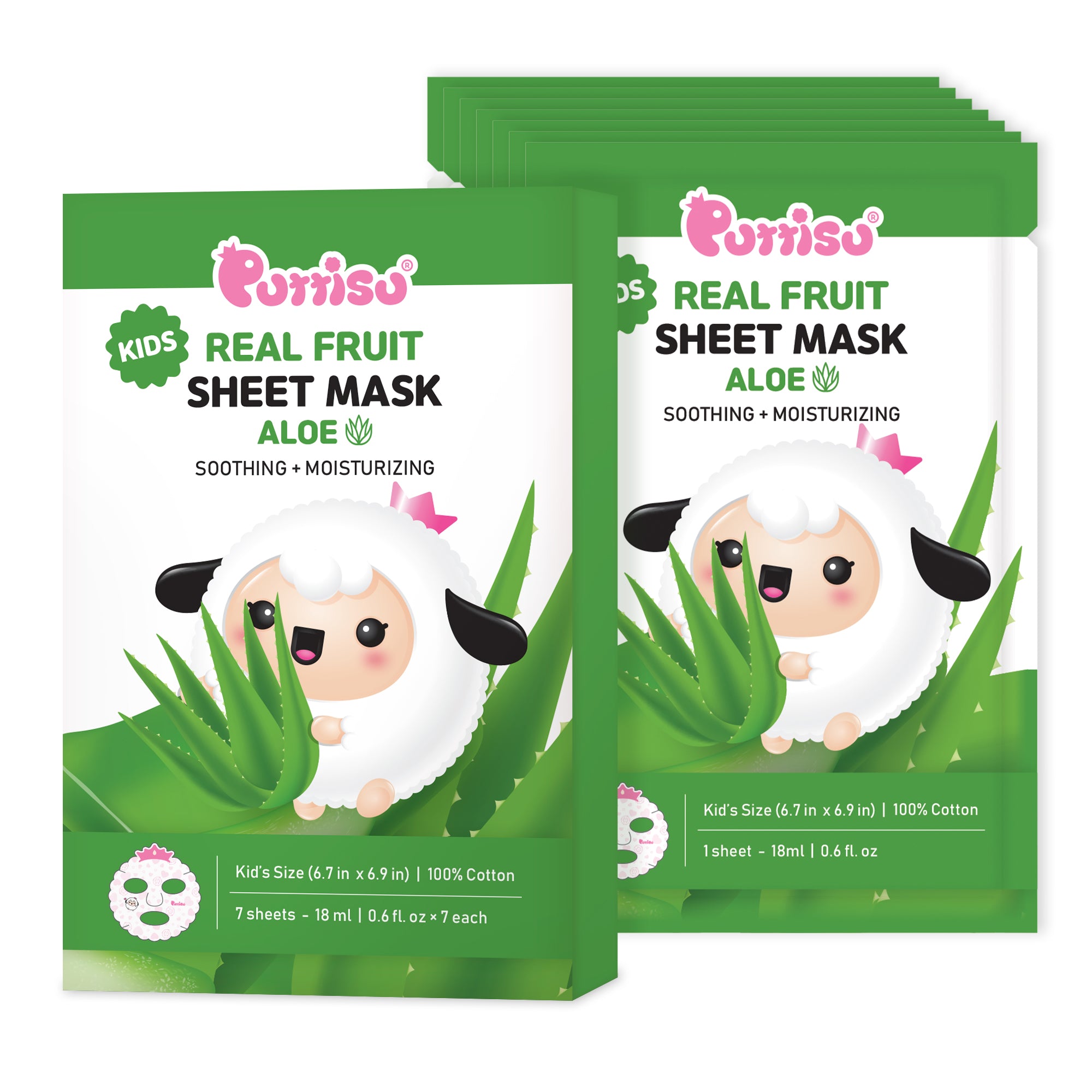 A pack of Purrissu Kids Real Fruit Aloe Sheet Masks for soothing and moisturizing skin.