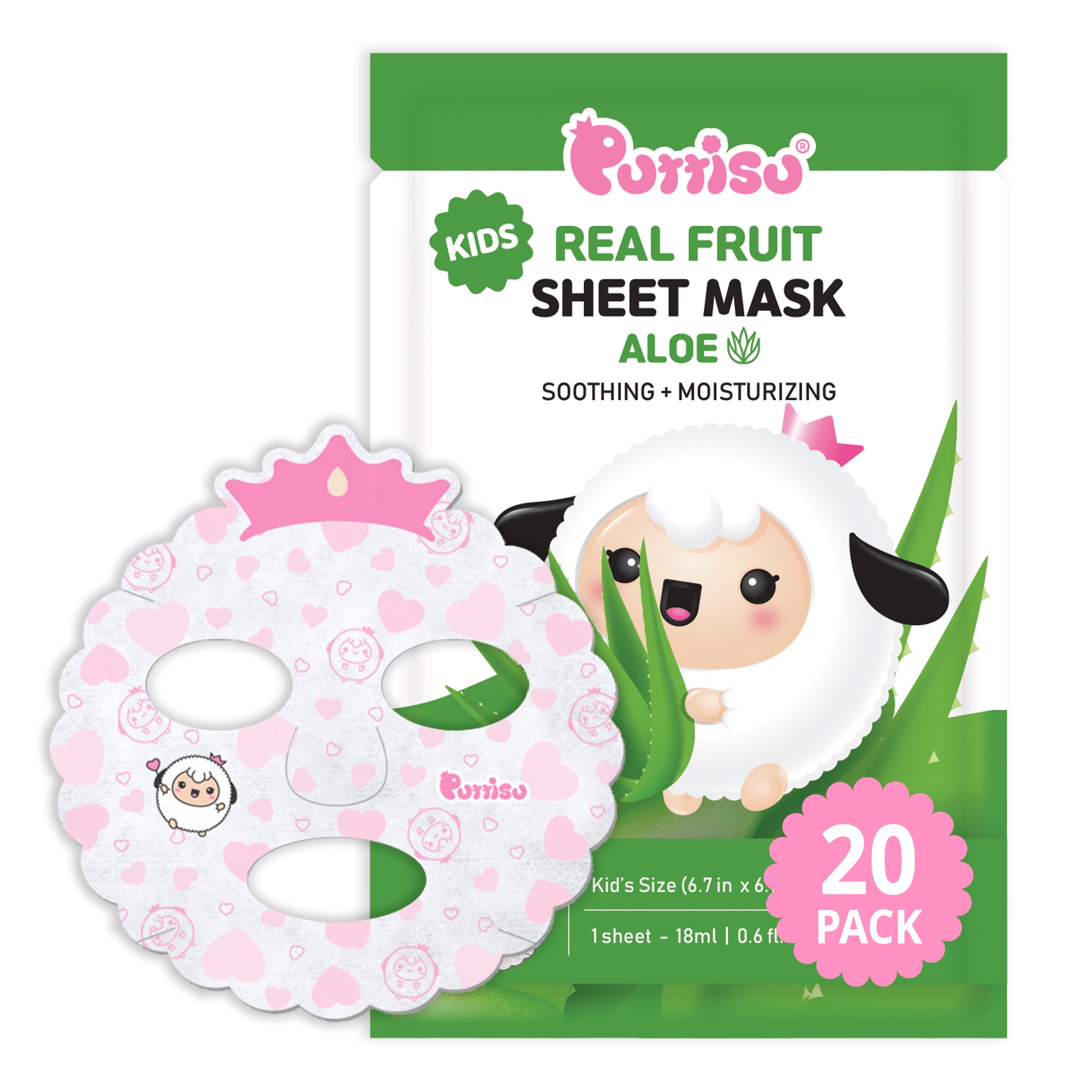 A package of Purriso Kids Real Fruit Sheet Mask, Aloe, with the individual sheet mask shown.