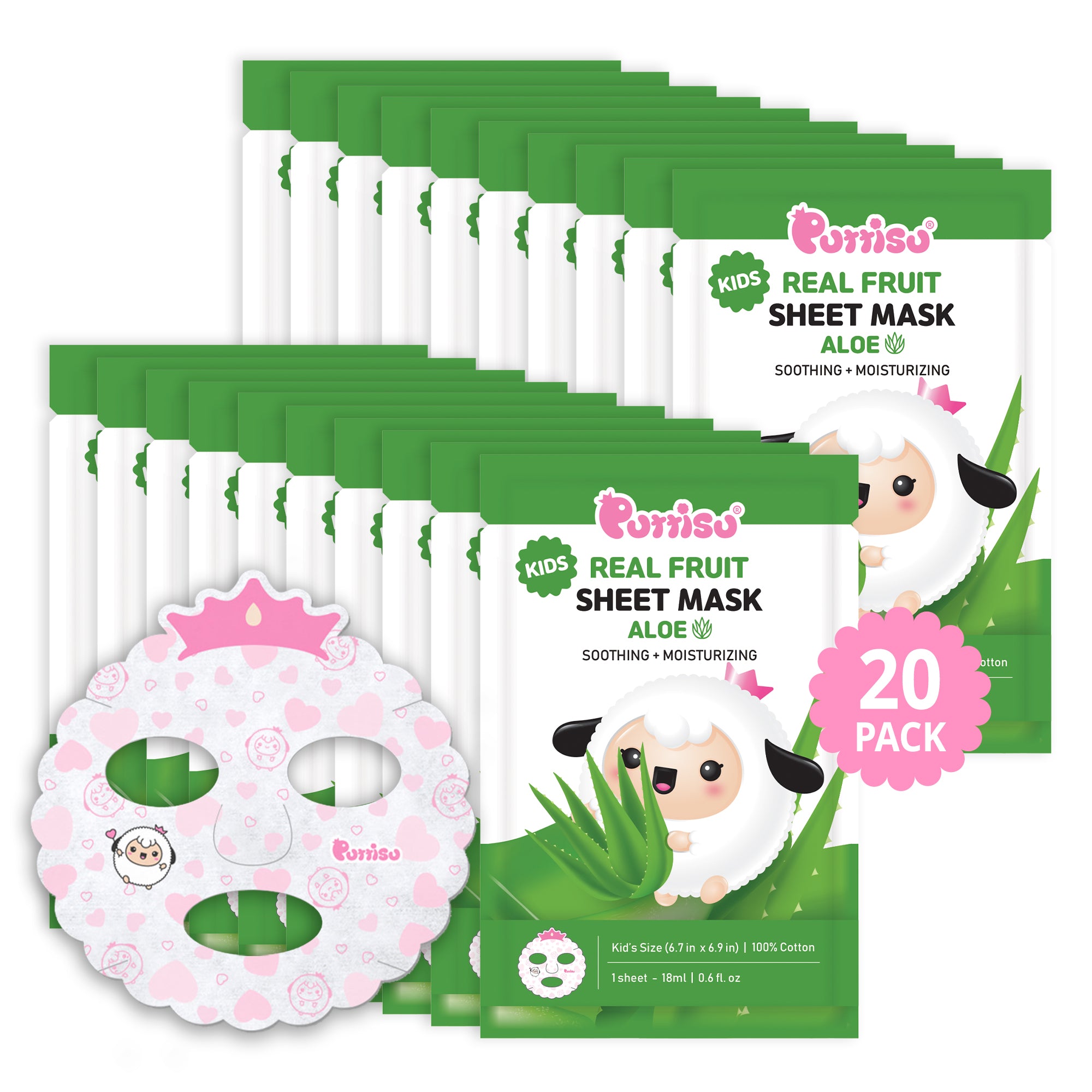 Product image of a 20-pack of Purriso Kids Real Fruit Aloe Sheet Masks with a white sheep mascot on the packaging, alongside a Princess-themed mask with heart patterns.