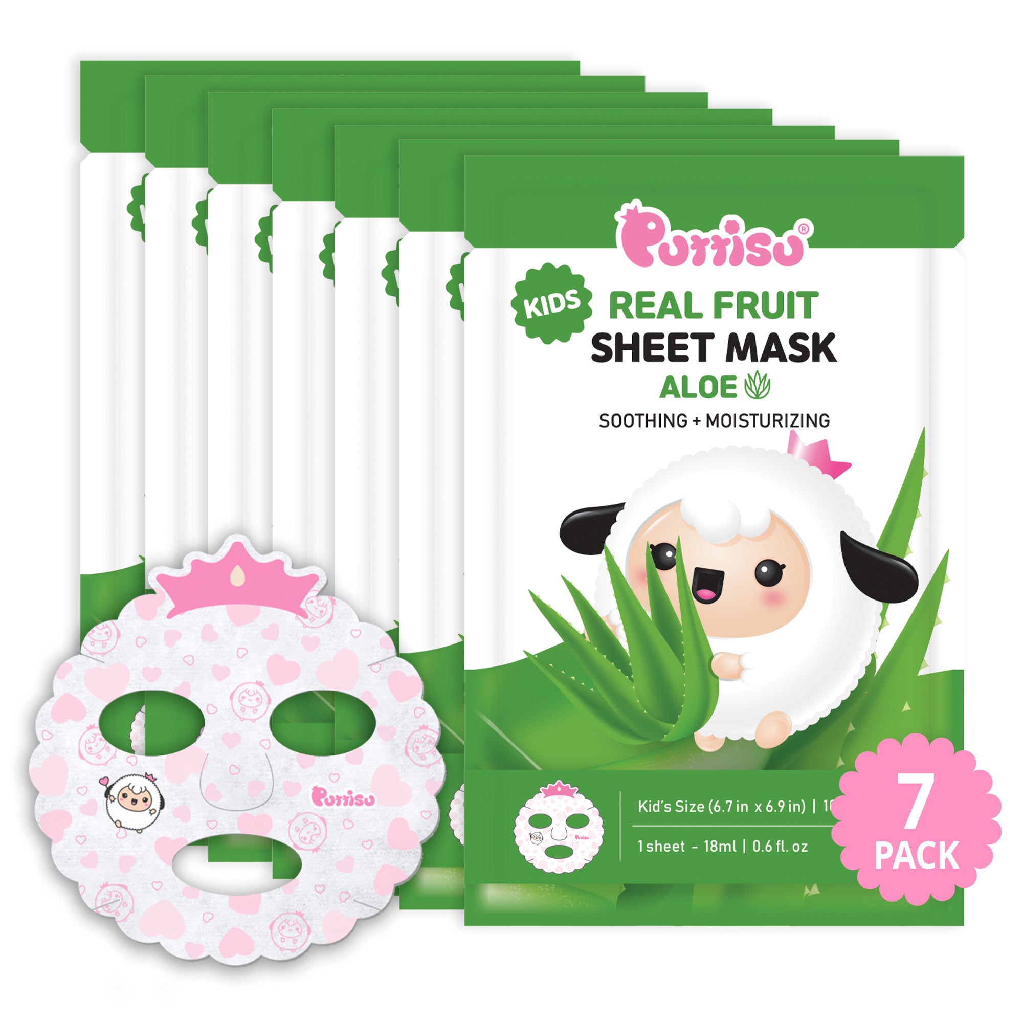 Seven packs of "Purriso Kids Real Fruit Aloe Sheet Masks" for soothing and moisturizing. Each sheet mask features a pink crown and a design with pink hearts.