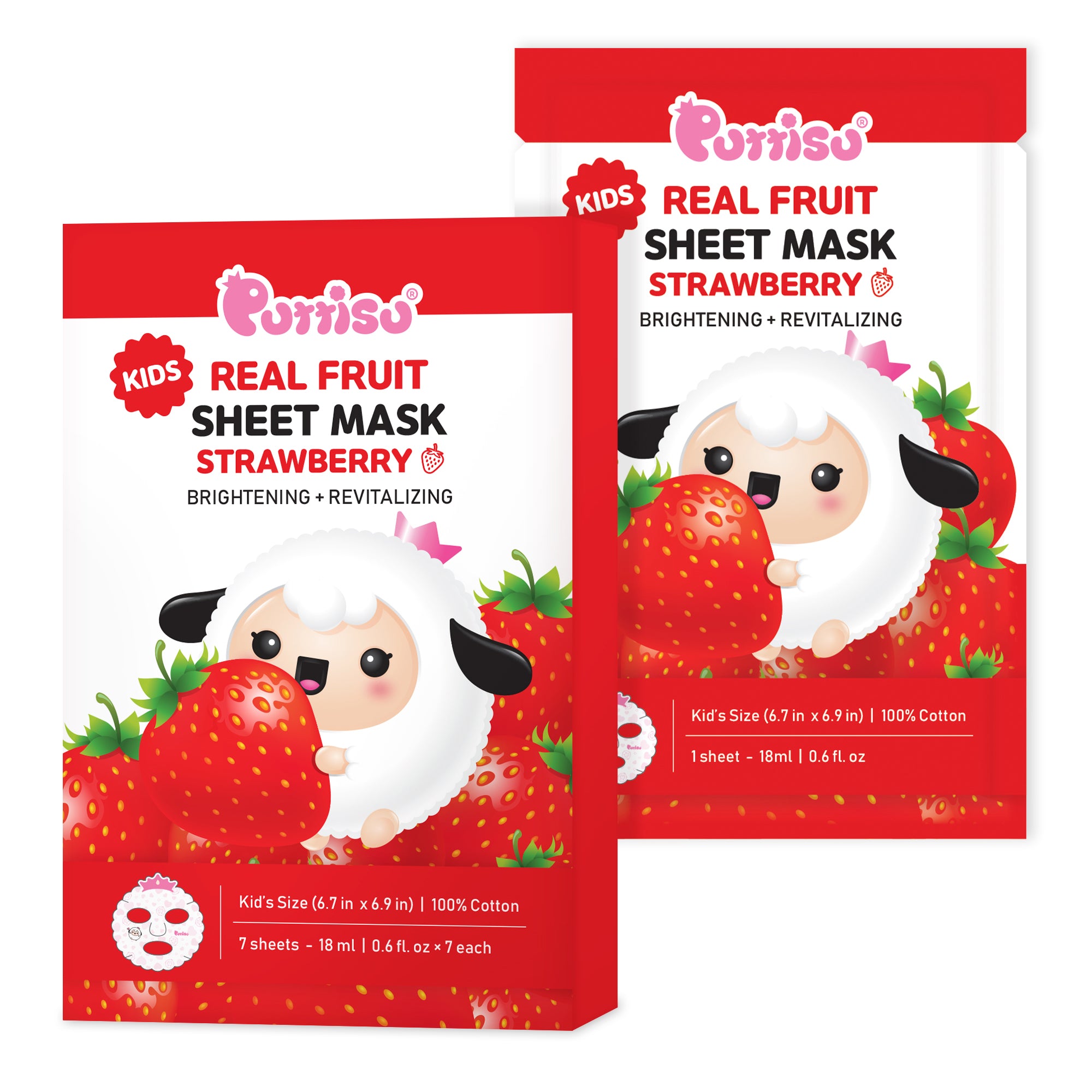 Two packages of Porriso Kids Real Fruit Strawberry Sheet Mask, one containing 7 sheets and the other containing 1 sheet.