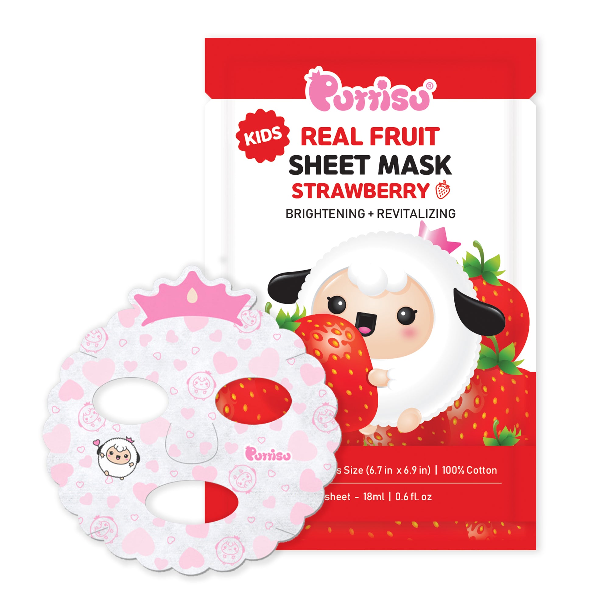 Strawberry sheet mask for kids with cute cartoon lamb.