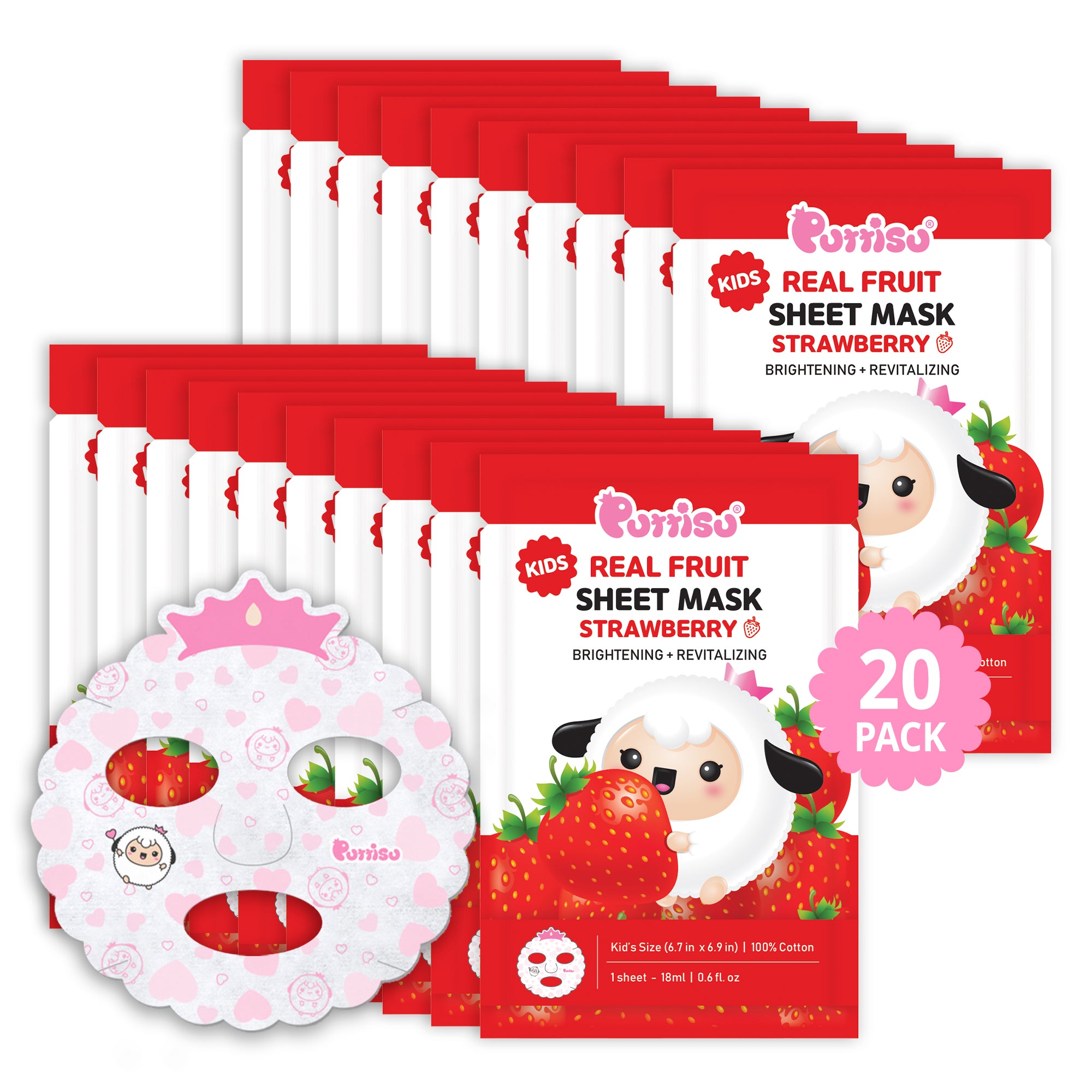 A stack of "Purriso Kids Real Fruit Sheet Mask Strawberry" packets next to a sheet mask with a crown.