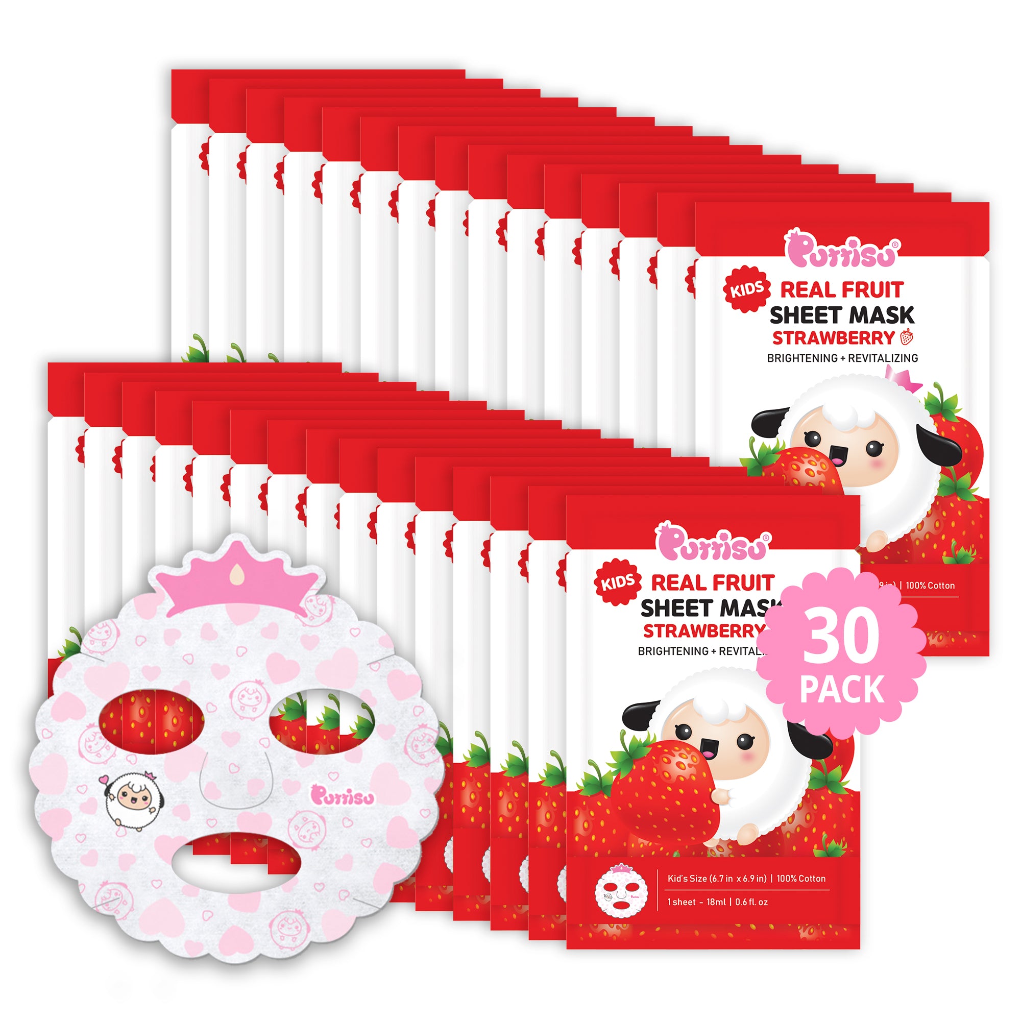 Thirty strawberry sheet masks, including a princess-themed mask.