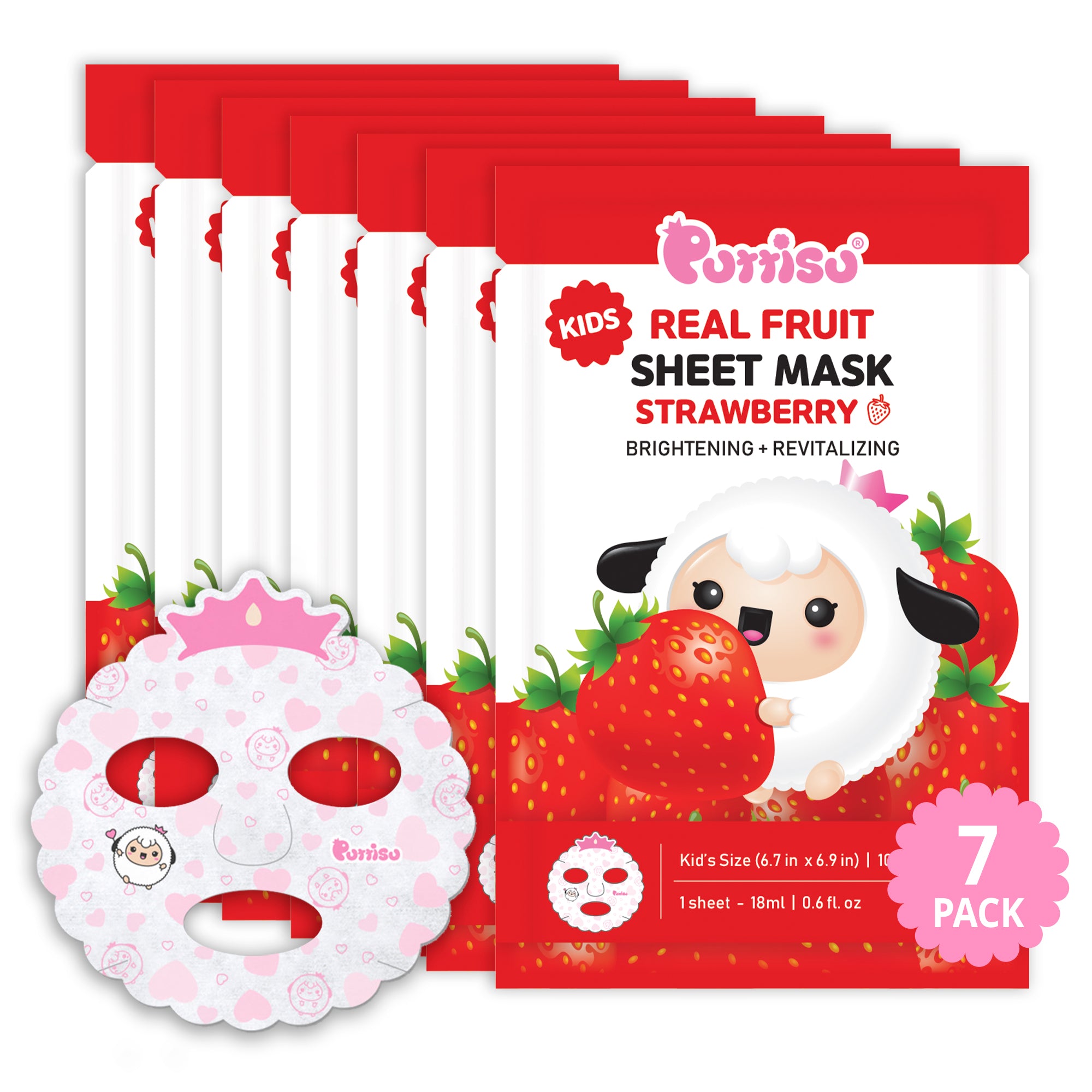 Seven packs of Purriso Kids Real Fruit Strawberry Sheet Masks, featuring a white sheep character holding a strawberry, with a mask in the foreground.