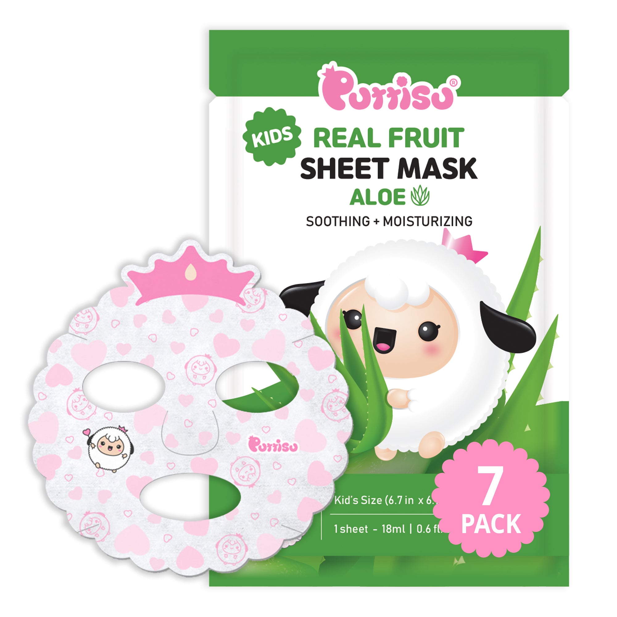 Close-up of Purriso Kids Real Fruit Sheet Mask: Aloe, with a mask adorned with pink hearts and a crown.