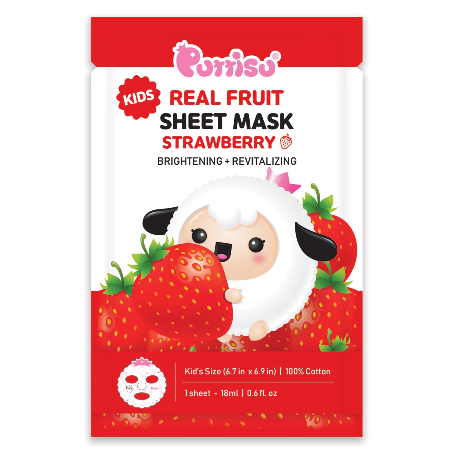 A sheet mask for kids with a strawberry flavor, featuring a cartoon sheep.