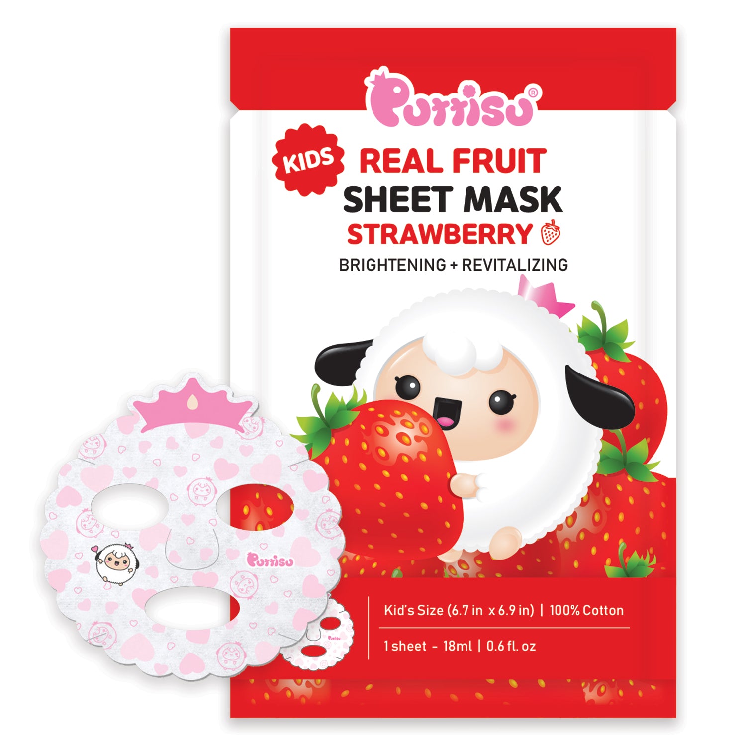 Purrissu Kids Real Fruit Strawberry sheet mask for brightening and revitalizing. The mask is white with a pink crown at the top and pink hearts and drawings of a cartoon sheep all over. The packaging is red, white, and pink with cartoon images of a lamb surrounded by strawberries.
