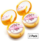 Two yellow cosmetic compacts with pink accents, showing mirrors and applicator puffs, next to a "2 Pack" label.