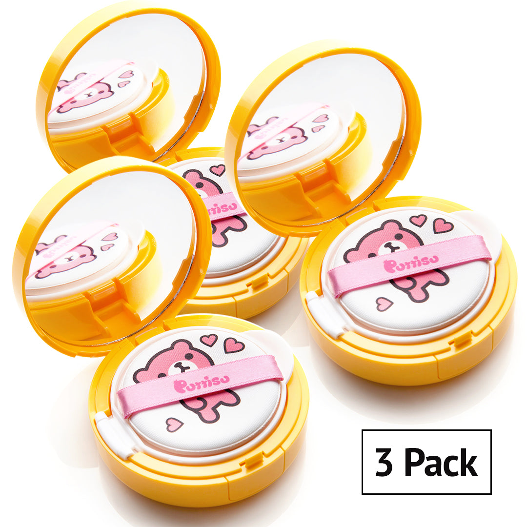 Yellow cosmetic compacts with pink bear design.