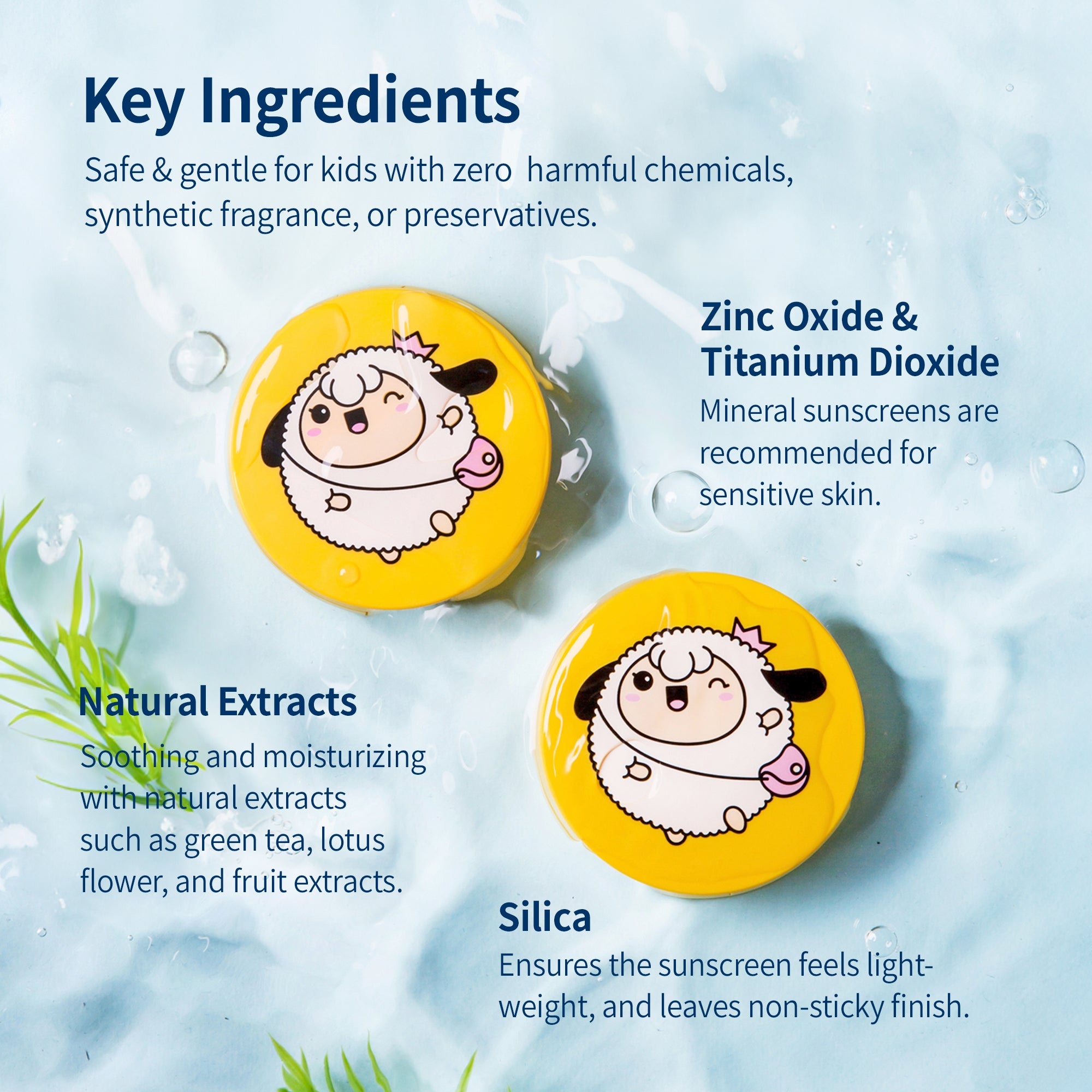 Close-up of a skincare product image, showcasing two yellow containers with a cartoon sheep design, alongside text highlighting key ingredients such as zinc oxide, titanium dioxide, natural extracts, and silica, set against a light blue background with water droplets and green foliage.