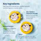 Product ad featuring sunscreen ingredients and cute sheep containers.
