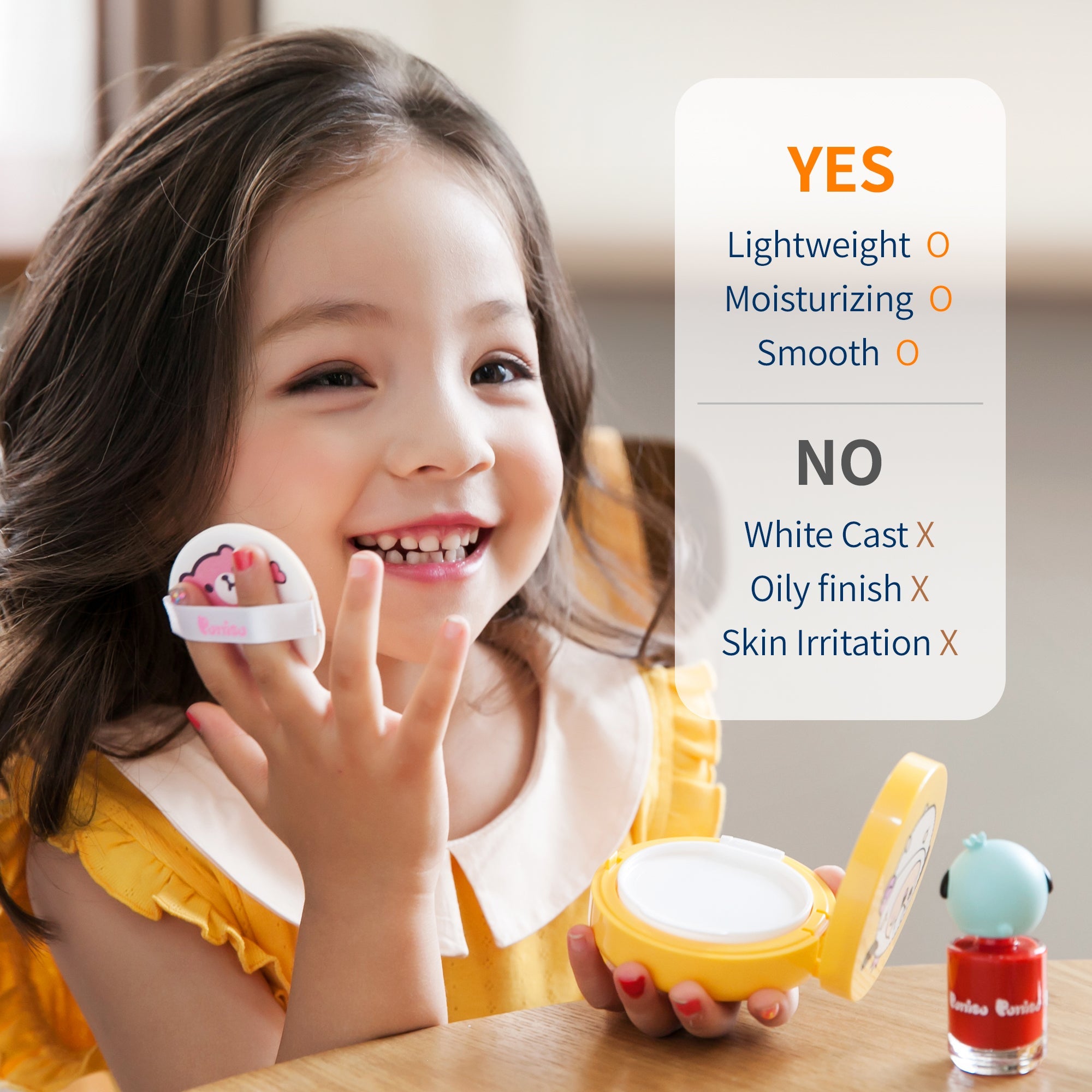 Smiling child holding makeup with product information.