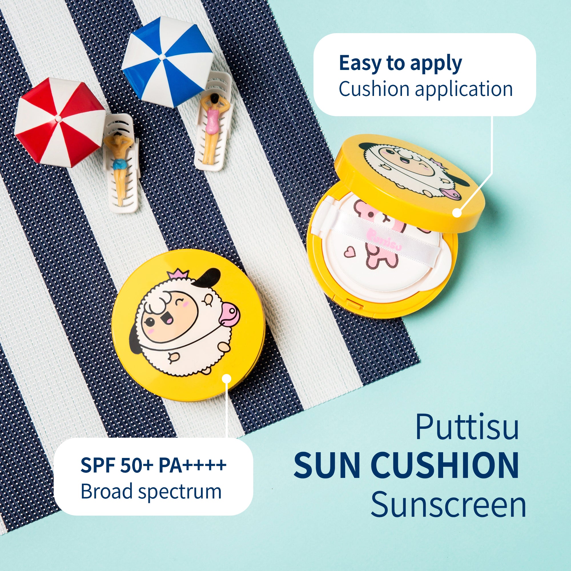 A yellow sun cushion compact with cartoon characters, beach umbrellas, and lounge chairs on a blue-and-white striped towel. The text "Puttisu SUN CUSHION Sunscreen" and "Easy to apply Cushion application" are also in the image.