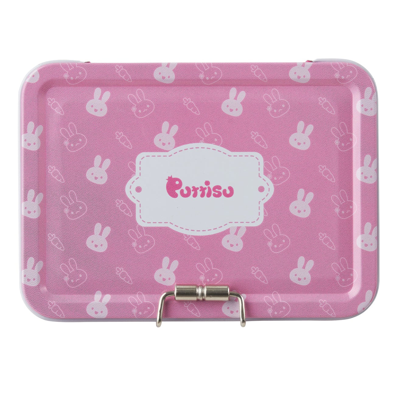 Pink metal lunchbox with bunny pattern.