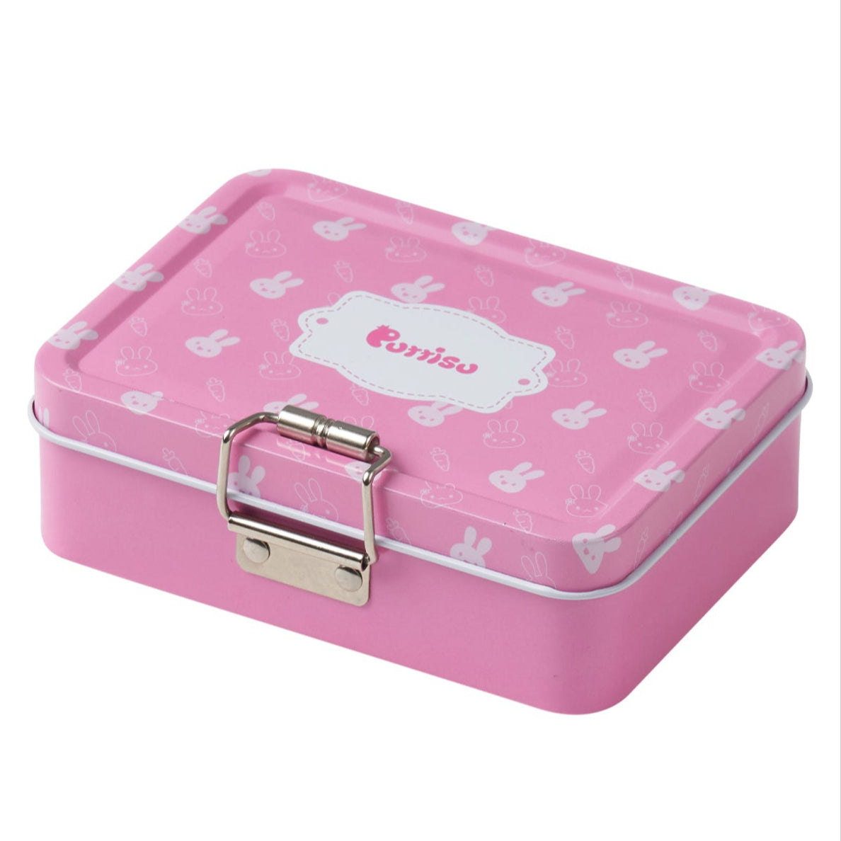 Pink metal box with bunny and carrot design.