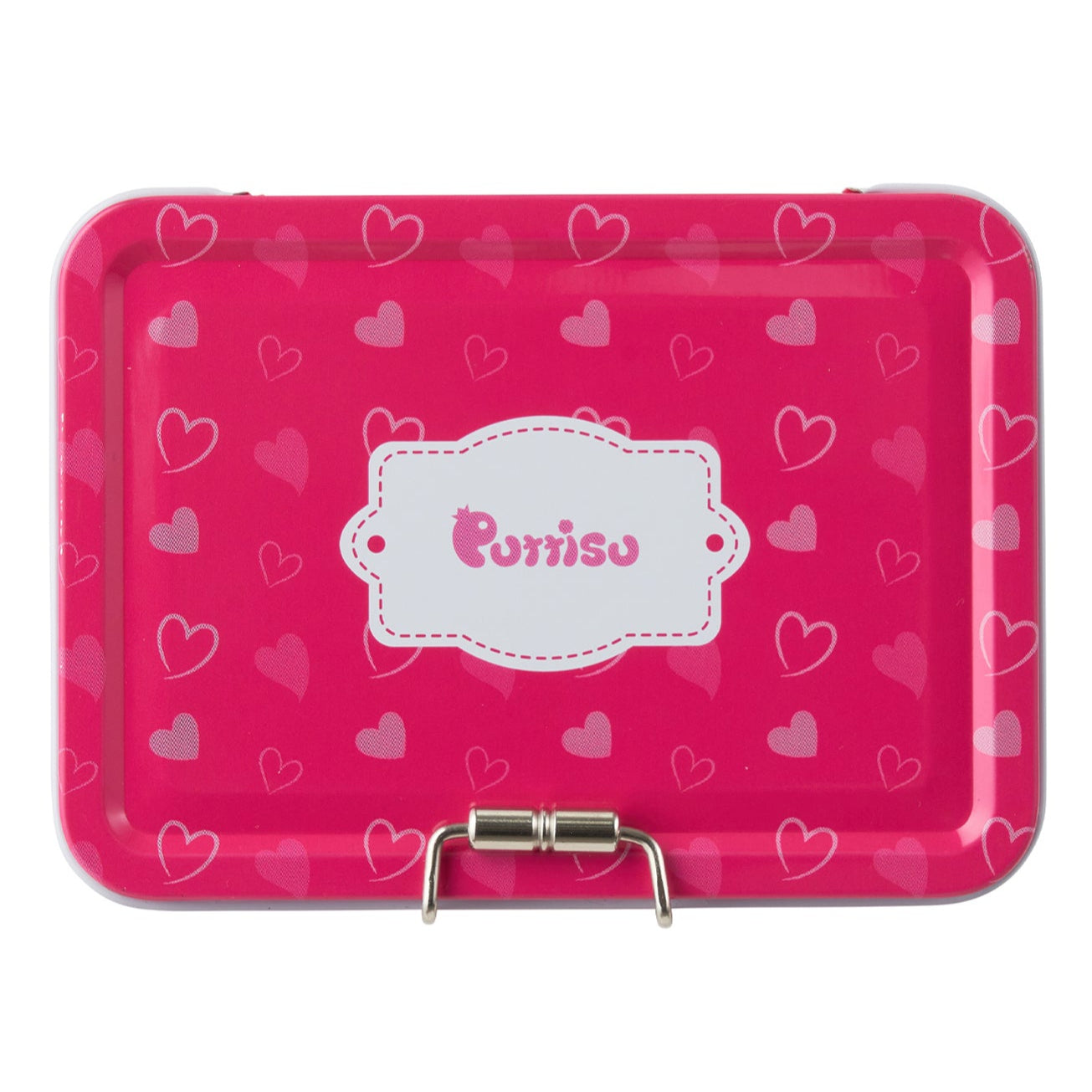 Pink heart-patterned metal lunch box with latch.