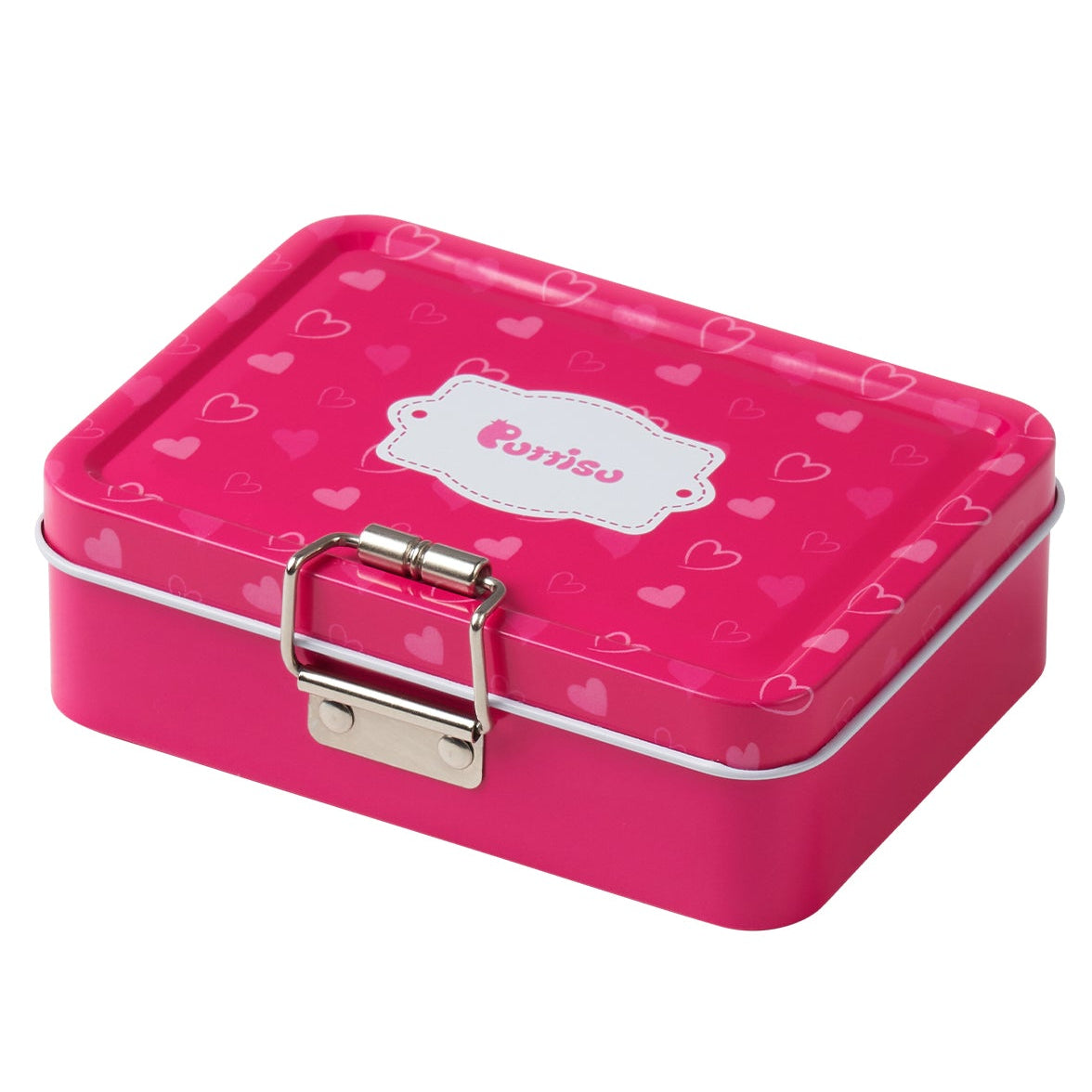 A pink tin lunchbox with hearts on it.