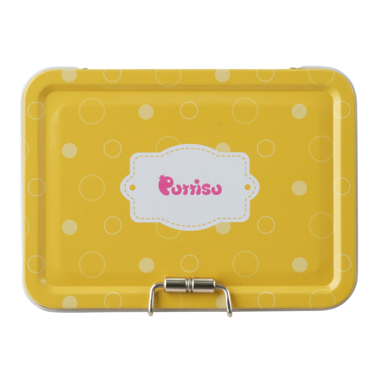Yellow metal lunchbox with polka dots and clasp.