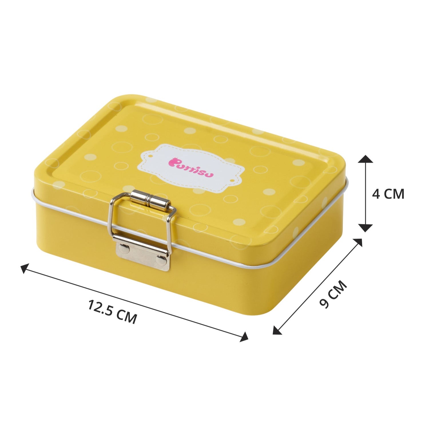 Yellow rectangular metal lunchbox with white polka dots and dimensions.
