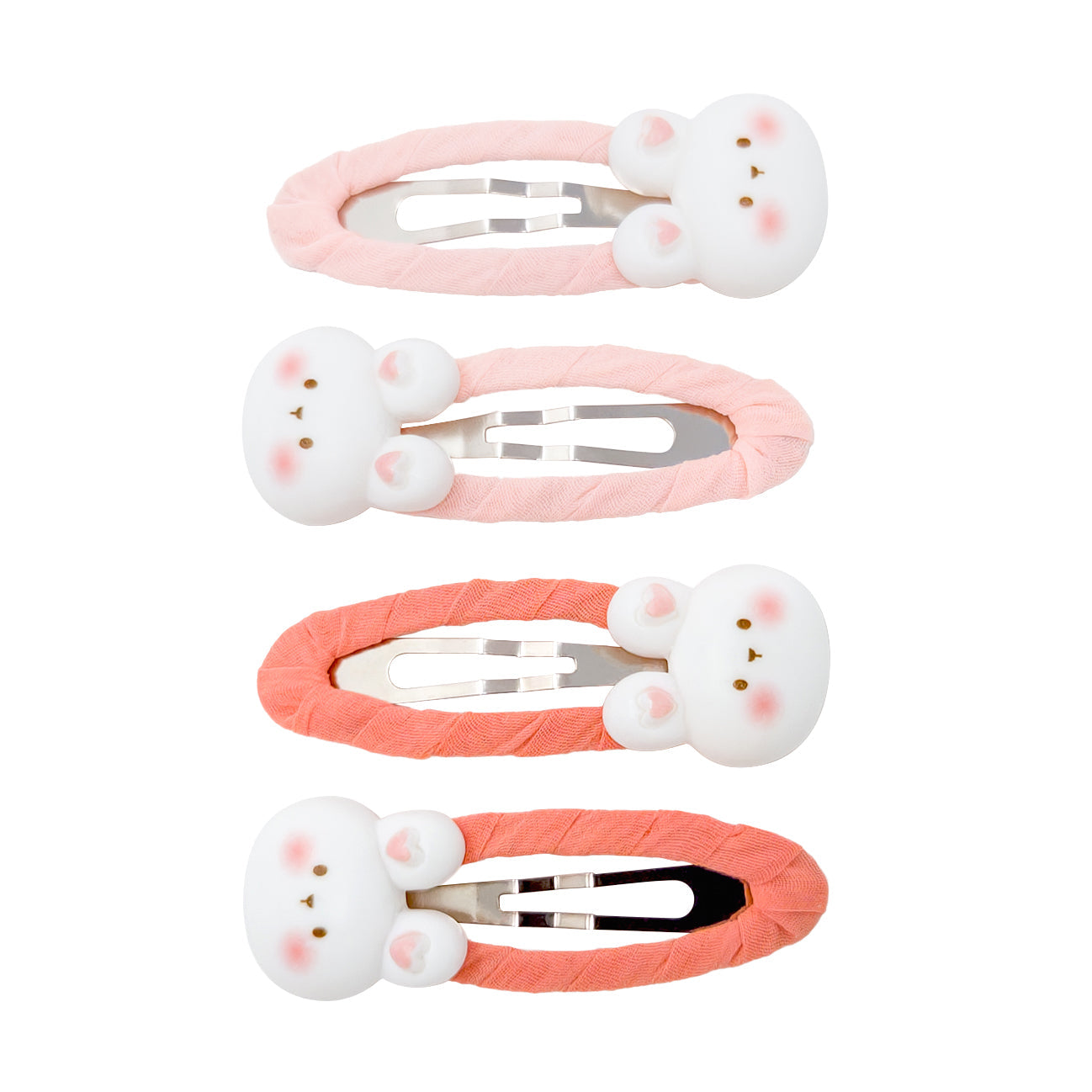 Four pastel-colored bunny-shaped hair clips arranged vertically.