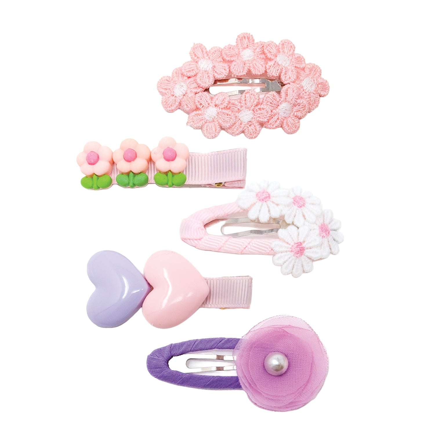Set of 5 pastel tulle blossom charm hair clips, including pink crocheted flowers, heart shapes, and a pearl accent.