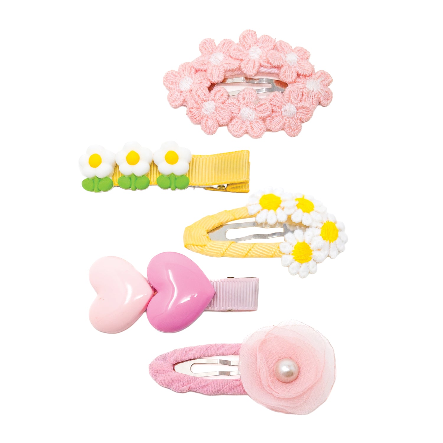 Tulle Blossom Charm hair clip set of 5 featuring pink flowers, white daisies, pink hearts, and a pearl-centered tulle blossom.