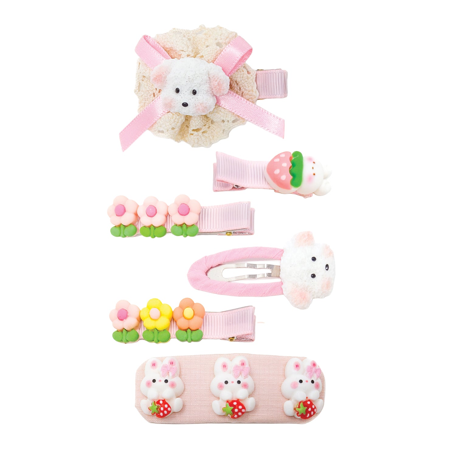 Set of 6 hair clips with puppy, bunny, and garden flower designs in various pink and white styles.