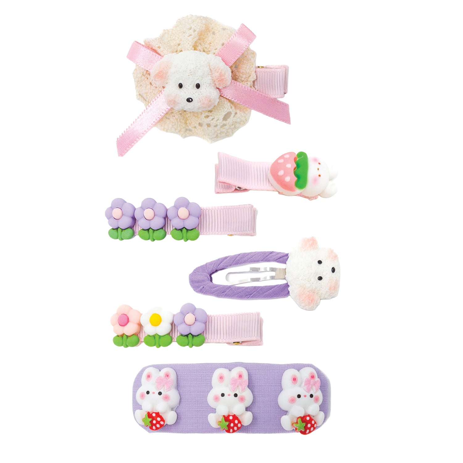 Hair clip set of 6 featuring cute puppy, bunny, strawberry, and flower designs in pink, purple, and white.