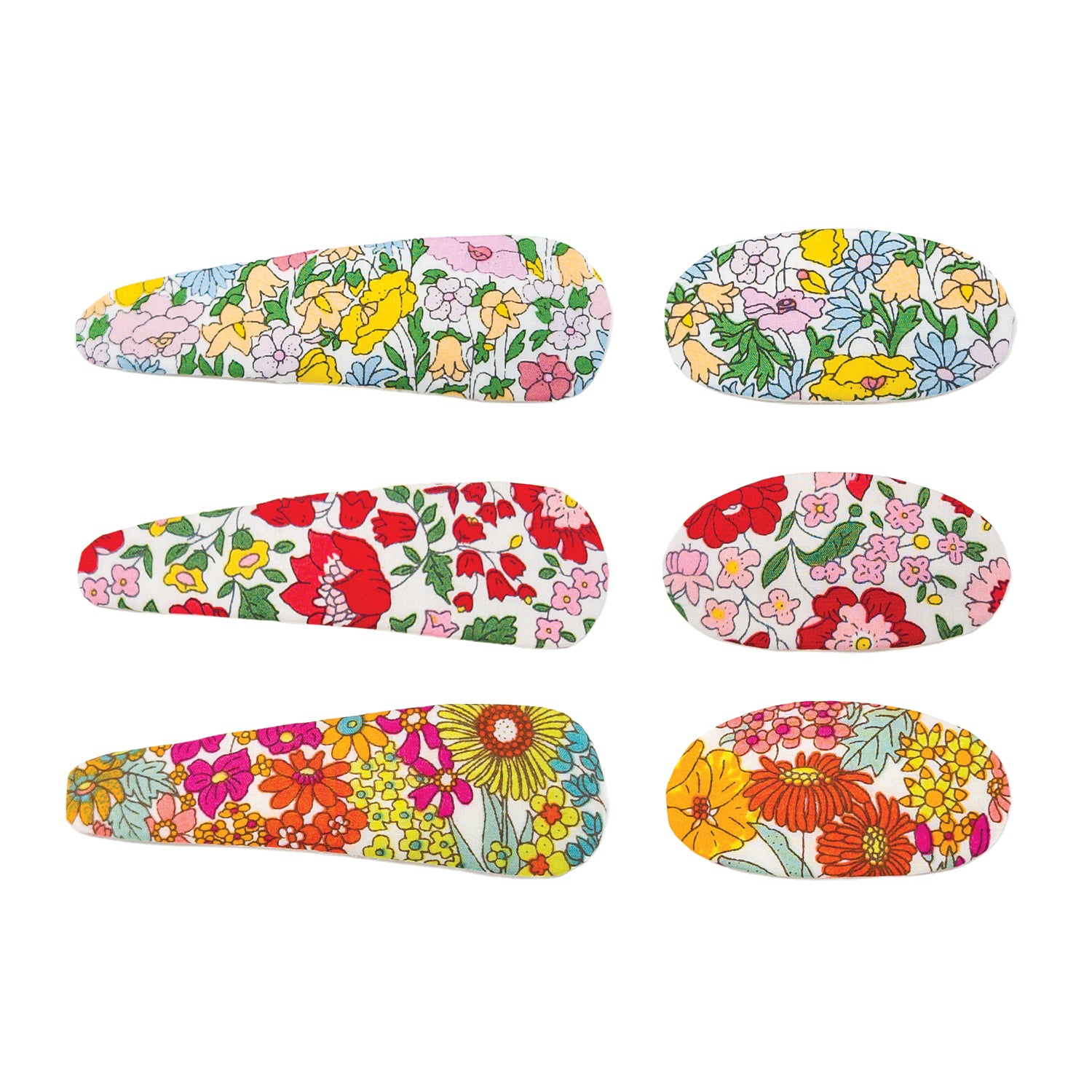 Floral hair clip set by Liberty, featuring six clips with varied patterns, colors, and shapes.