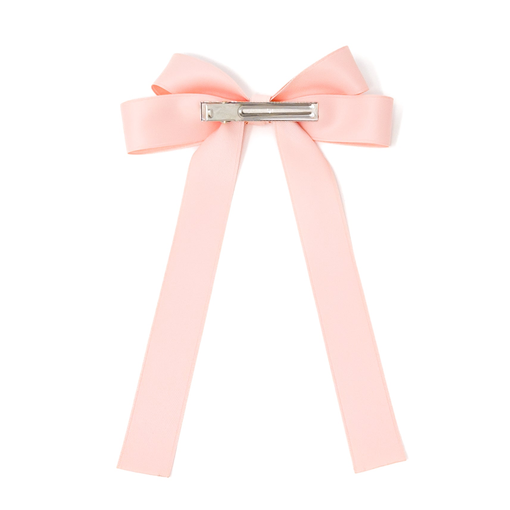 Light pink ribbon bow with metal hair clip.