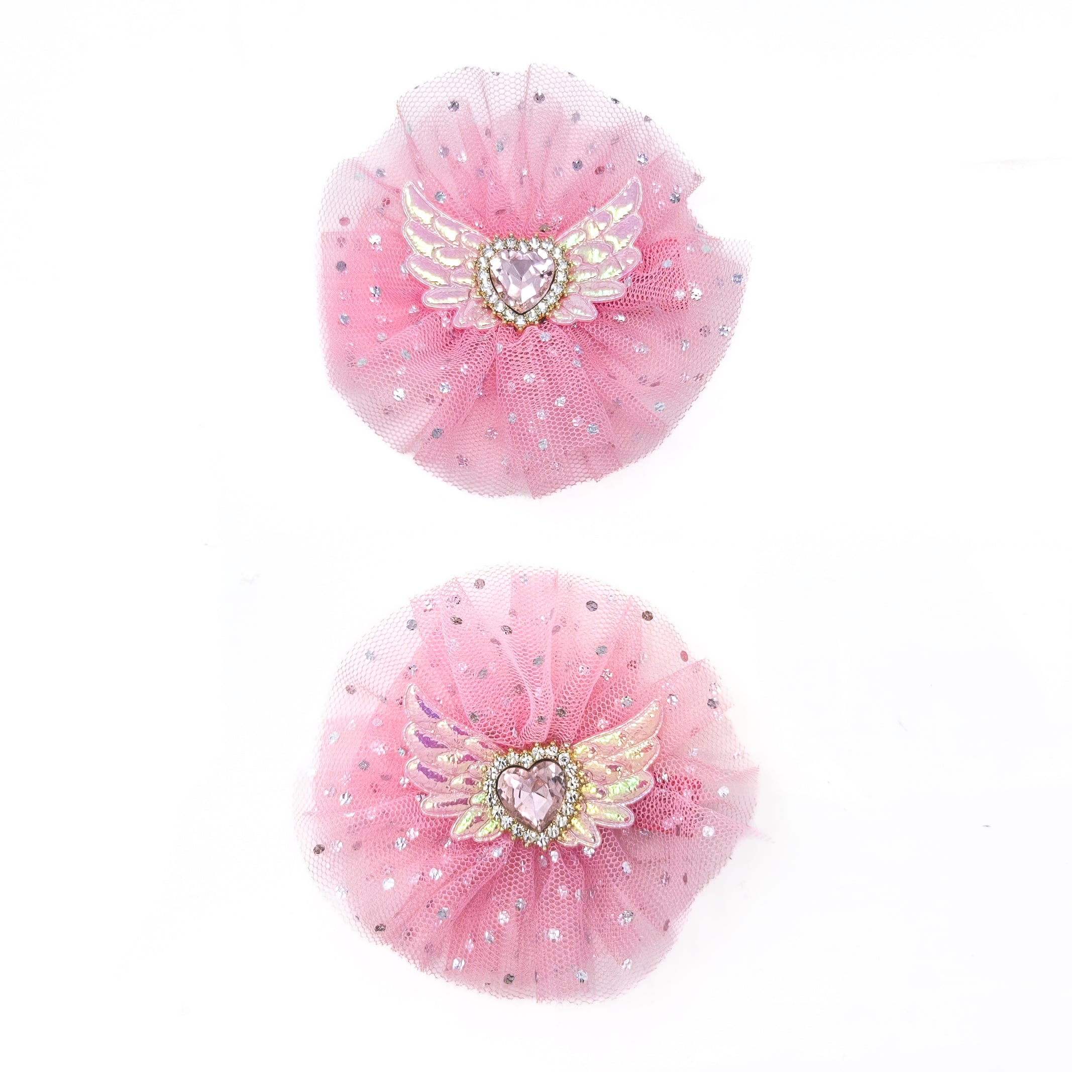 Two pink, glittery tulle hair accessories.