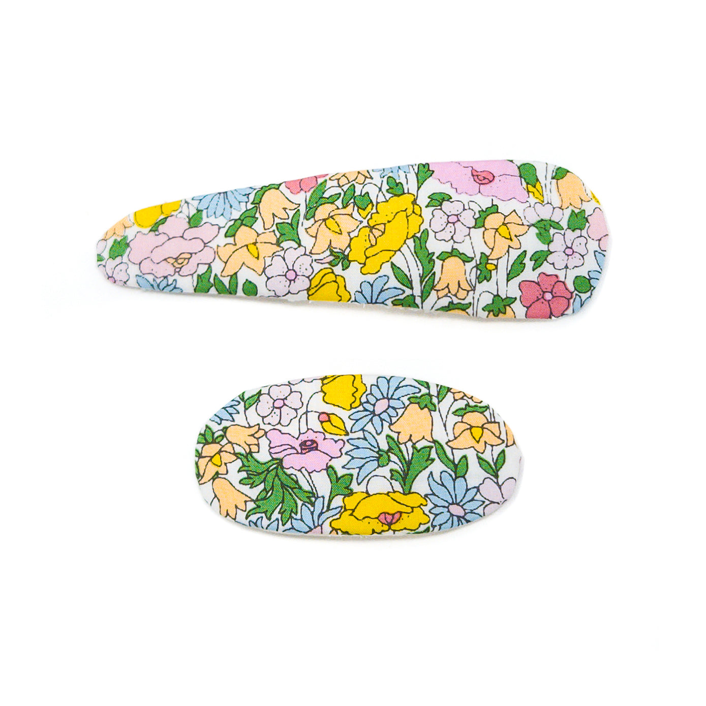 Two floral print hair clips.