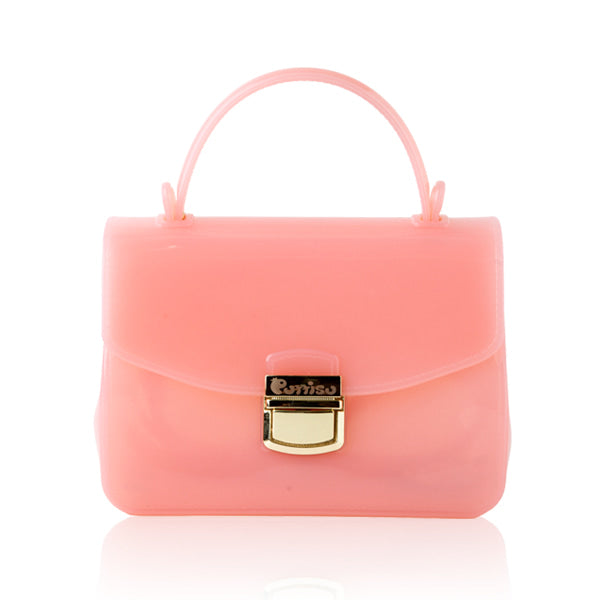 Pink translucent handbag with gold clasp.