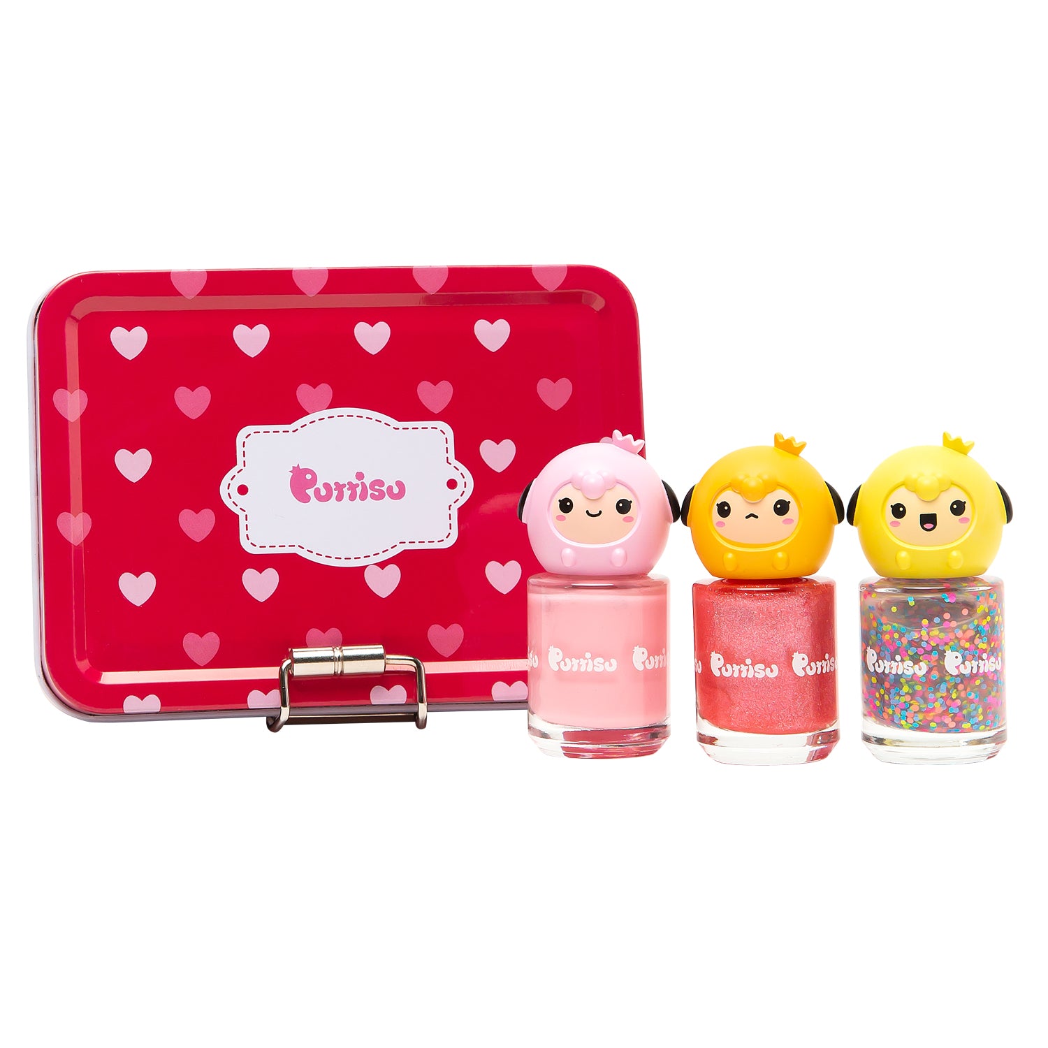 Pomisu nail polish set with three bottles and a heart-themed tin.