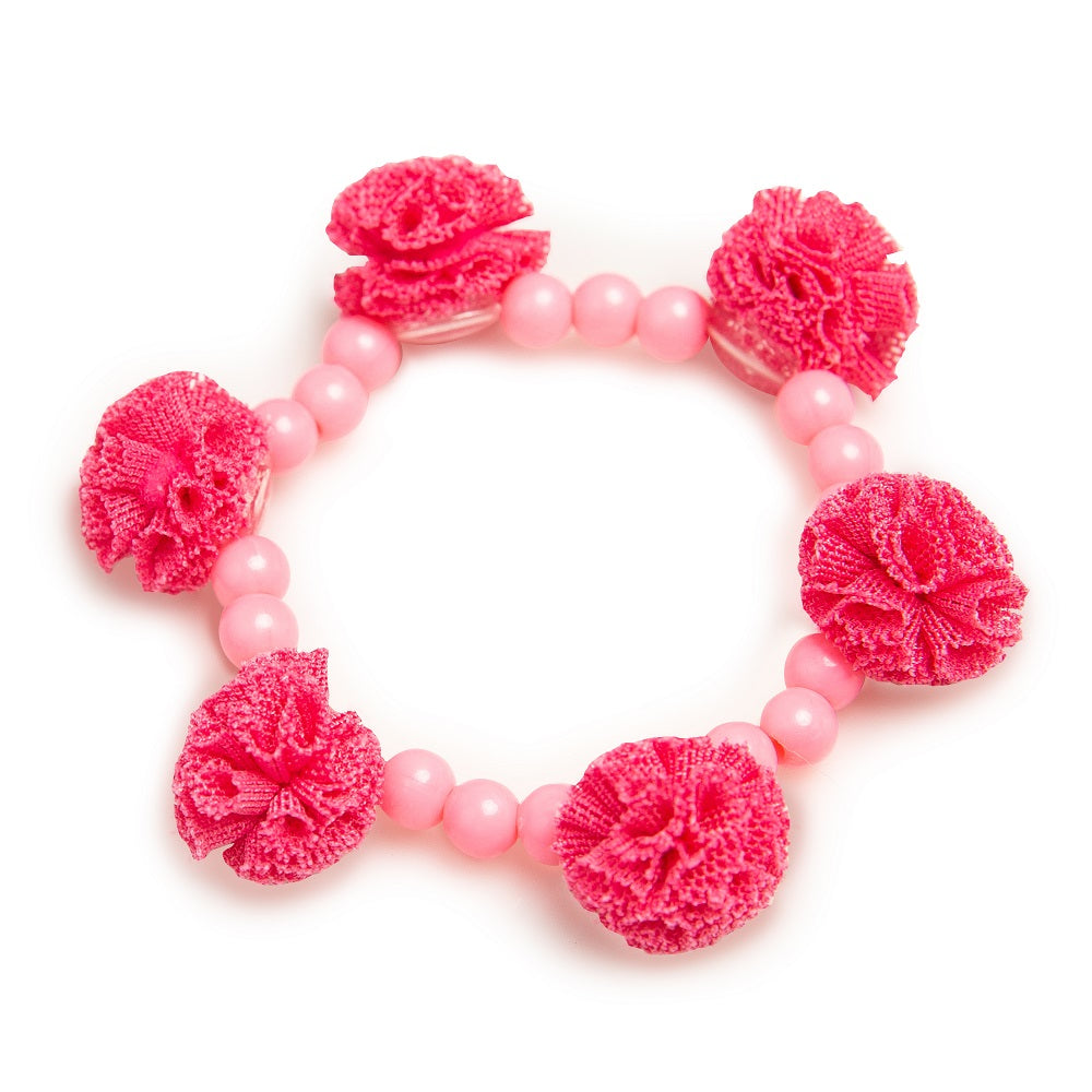 Pink beaded bracelet with textured floral accents.
