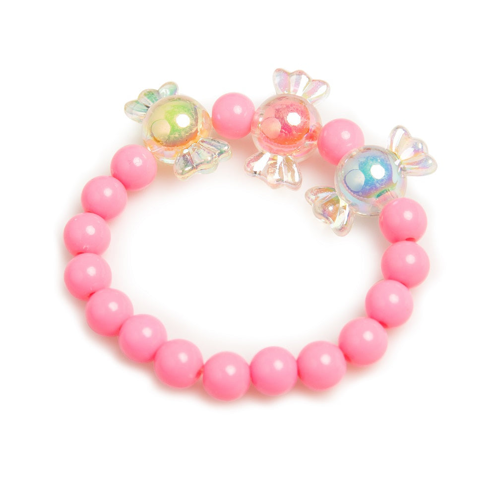 Pink beaded bracelet with candy charms.
