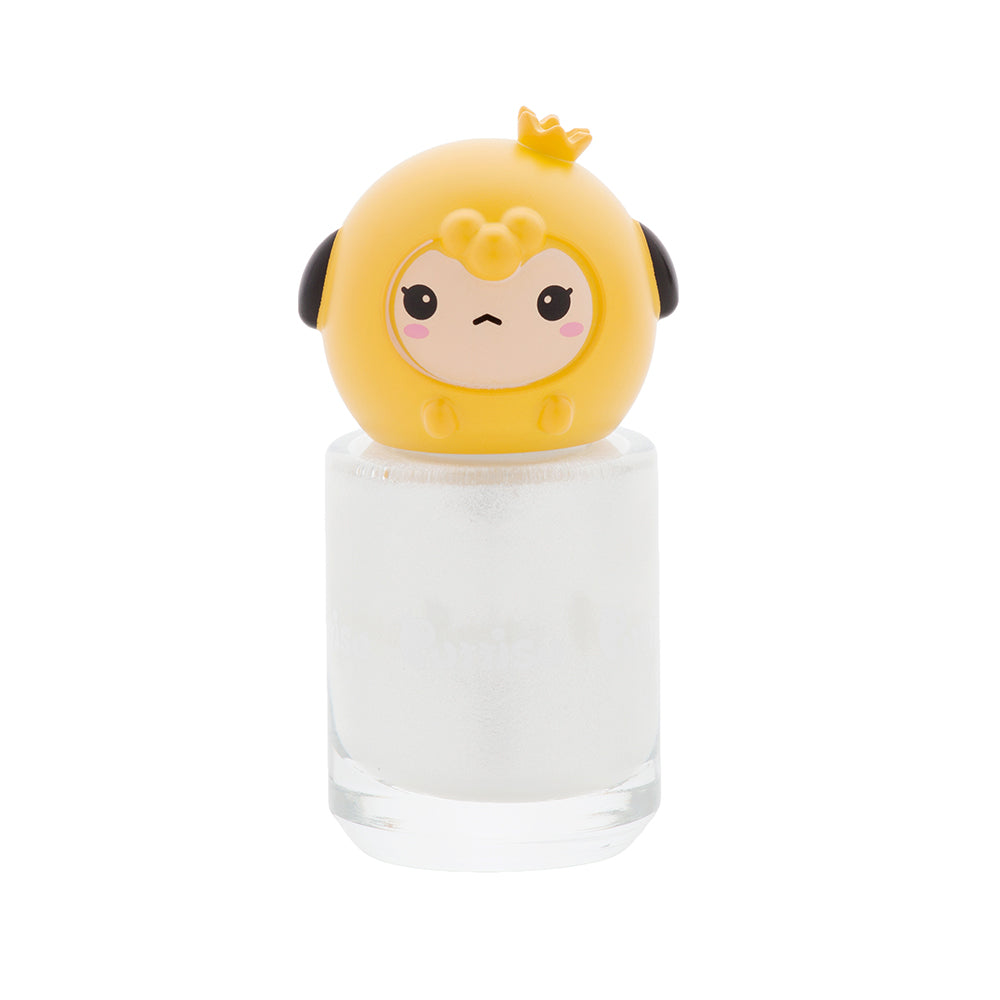 Yellow nail polish with cartoon topper.